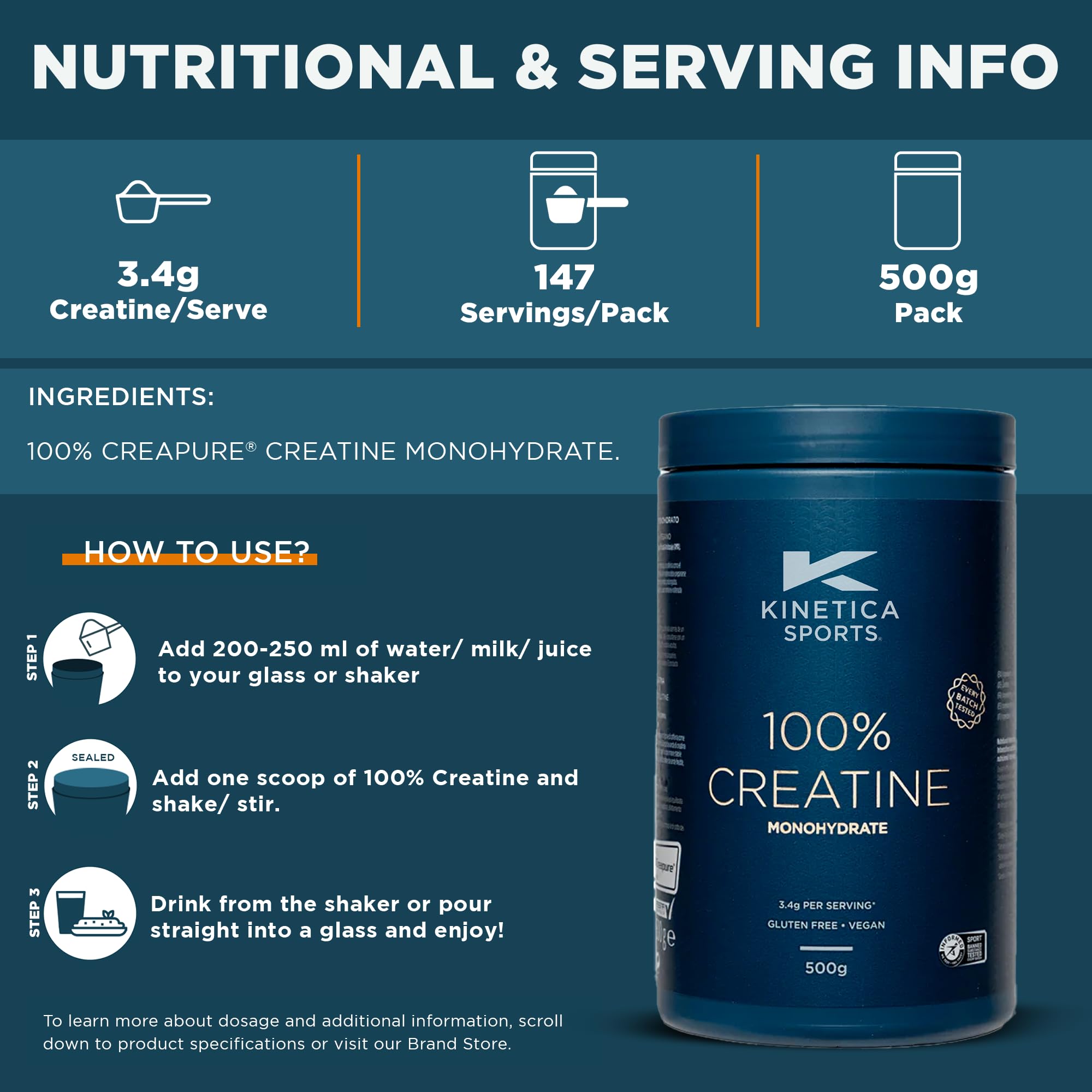 Kinetica Creatina in polvere 100%, 500 g, creatina monoidrato, 147 dosi, creatina in polvere per atleti, conforme ai criteri AMA, facilmente solubile, vegana, senza glutine.