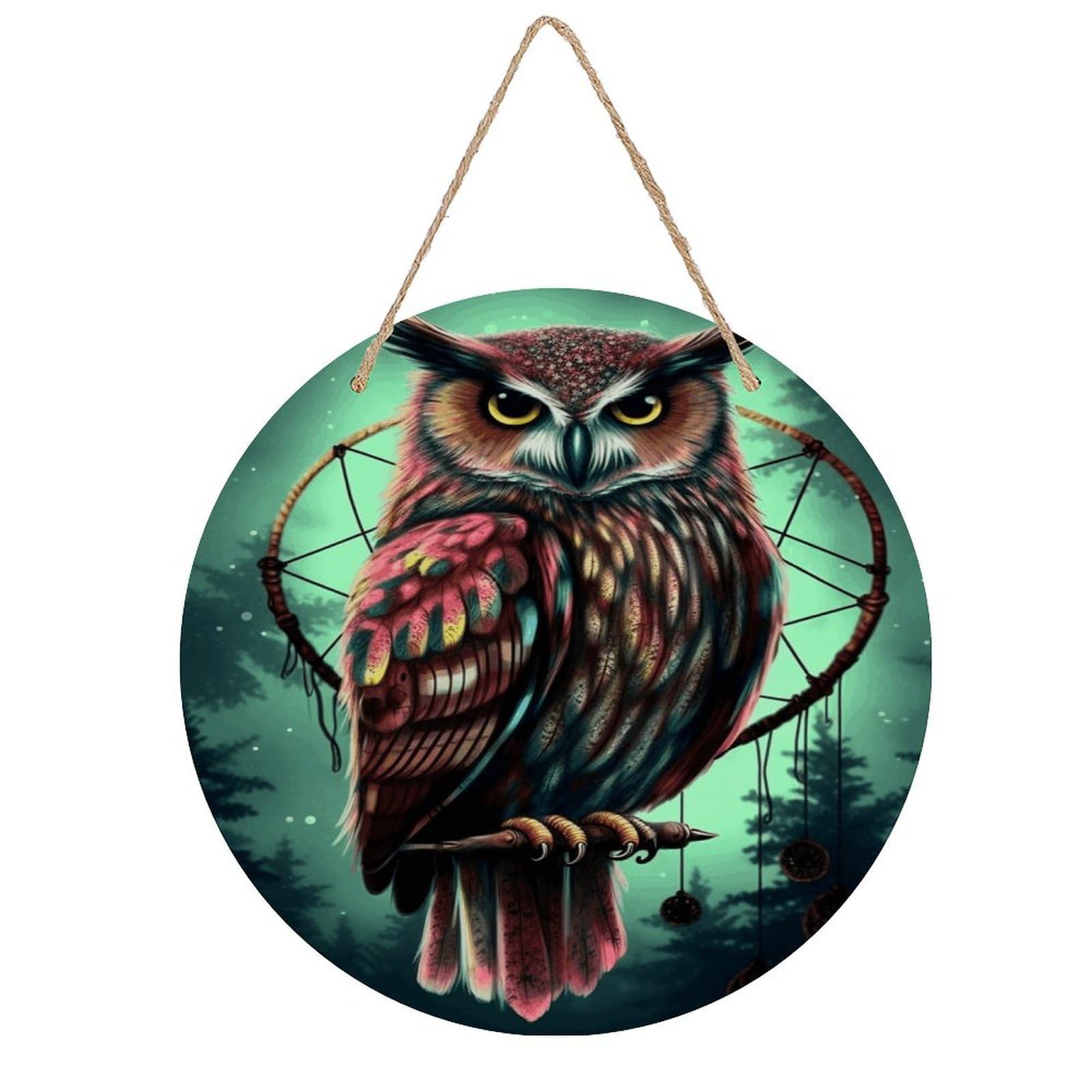 Owl Round Wooden Ornaments Unique Wood Decorative Paintings for Christmas Retro-Style Wooden Door Hanger for Crafts Home Holiday Decor Bar 7.87 Inch