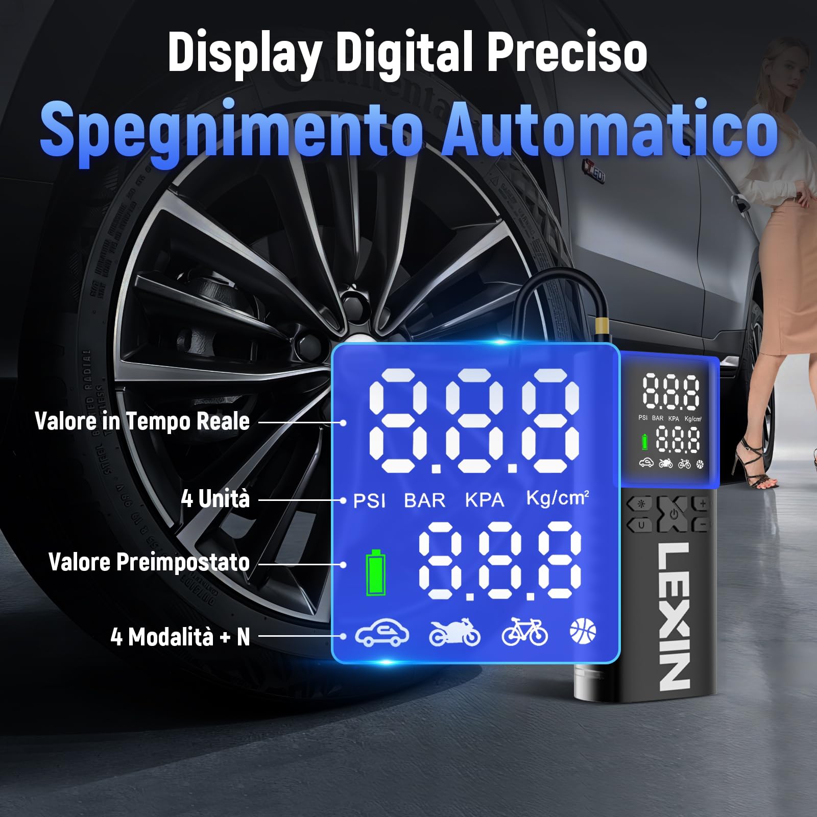 LEXIN 4000mAh Compressore Aria Portatile Auto P4, 150PSI Gonfiatore Elettrico, 4 Modalità Mini Electric Compressor Air con Schermo LCD & Luce LED, Pompa Elettrica per Auto/Moto/Monopattino/Palloni