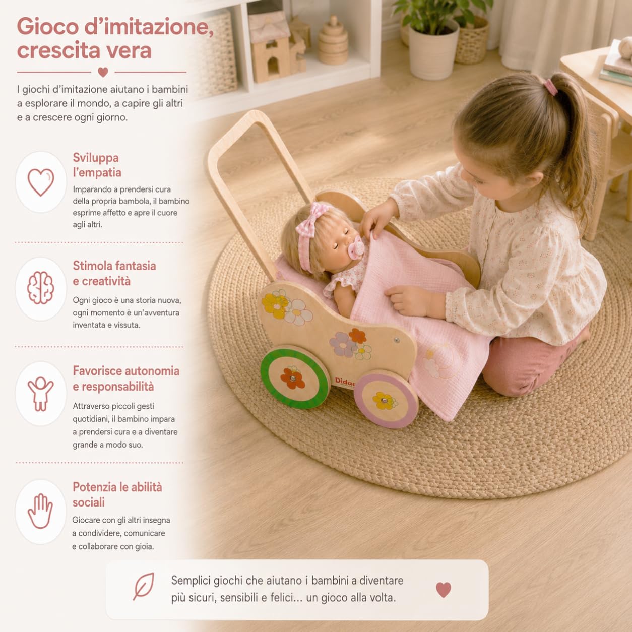 Dida Landau pour Poupées en Bois Motif Fleurs - Poussette pour Poupées jusqu'à 35 cm, Jouet de Rôle pour Enfants de 2 à 4 Ans, Parfait pour Les Petits Parents