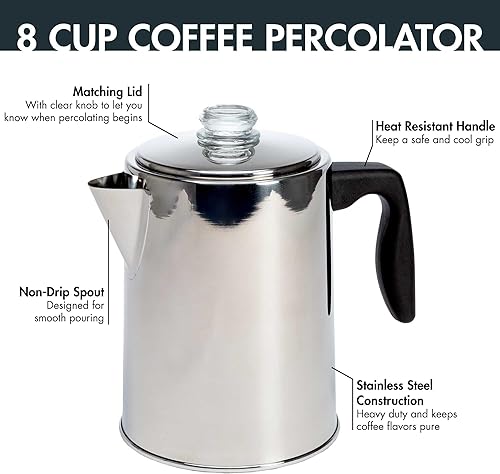 Miniatura 2 de Primula Cafetera para estufa, cafetera de acero inoxidable de alta calidad con cesta de filtro reutilizable, boquilla antigoteo, indicador de