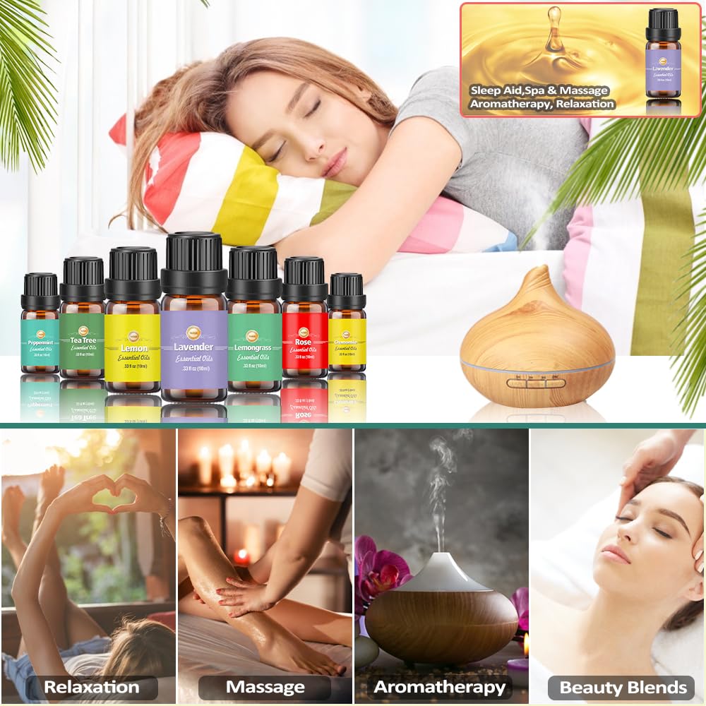 Lot de 18 huiles essentielles de 10 ml, lavande, eucalyptus, encens, citronnelle, romarin, orange, menthe, citron, bergamote, ylang-ylang, pamplemousse, camomille, rose, vanille, patchouli (marron)