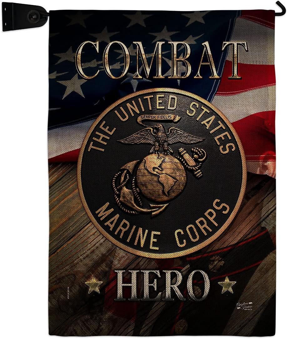 Marine Combat Hero Garden Flag Set with Stand Armed Forces Corps USMC Semper Fi United State American Military Veteran Retire Official Small Gift Yard House Banner Double-Sided Made In USA 13 X 18.5