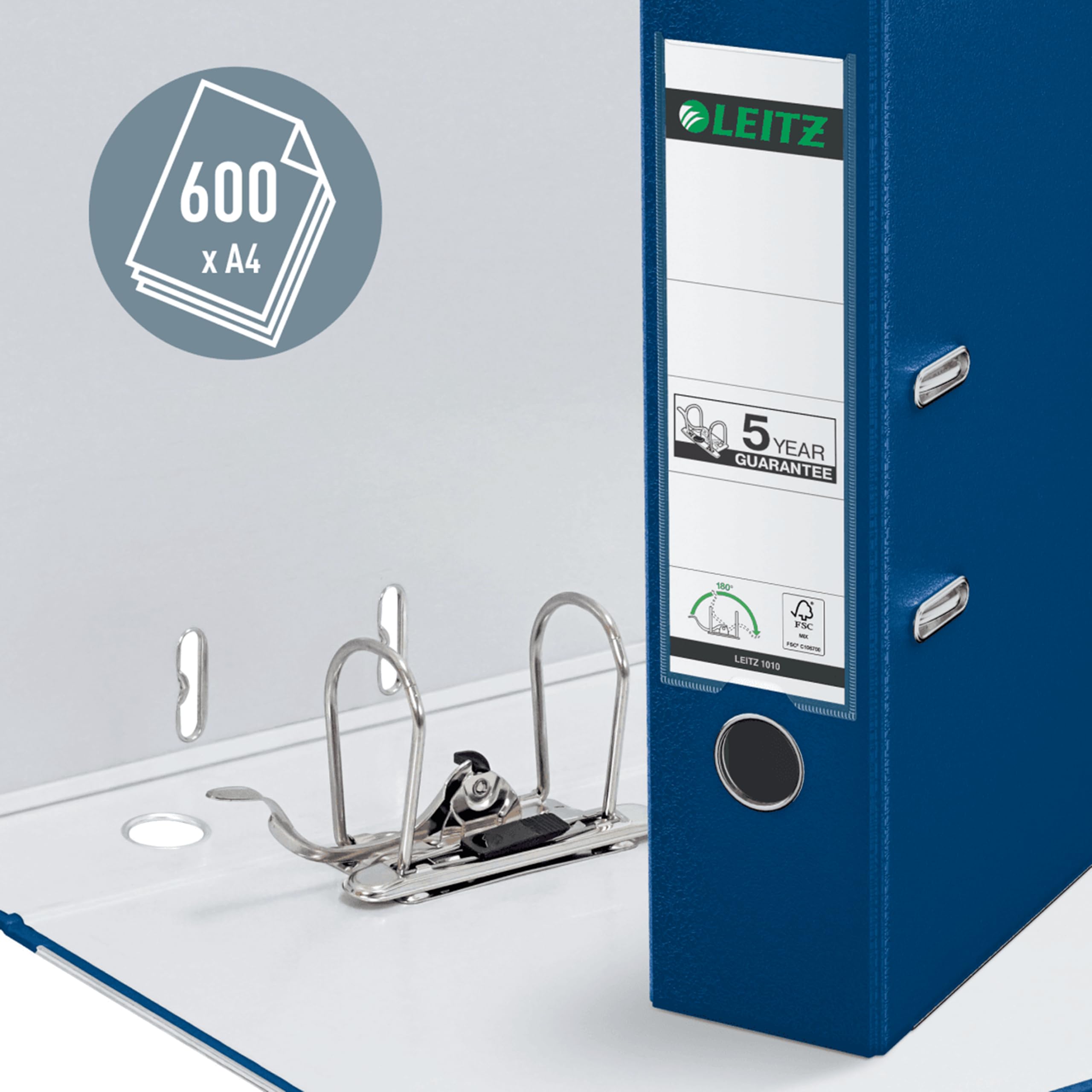 Leitz - 10 Raccoglitori a leva A4 per ufficio, Registratore con meccanismo a leva apertura a 180°, Portaetichette sostituibile, Capacità 600 fogli A4, 10101035, Blu