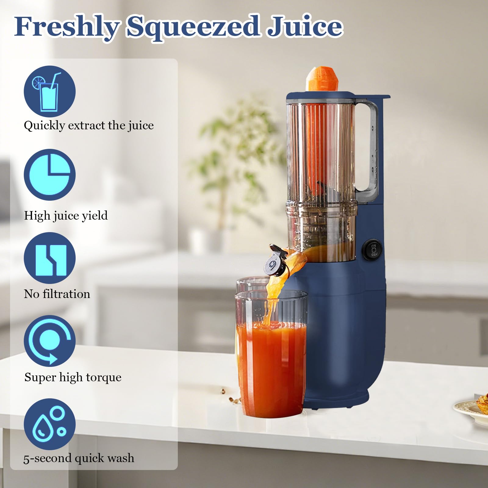 Slow Juicer mit 82 mm Breitem Einfüllschacht,Gemüse Saftpresse Elektrisch,Limettenpresse,Obst Entsafter 550ML Füllvolumen,250 W Kaltpress-Entsafter mit 2 Saftglas Leicht zu Reinigen