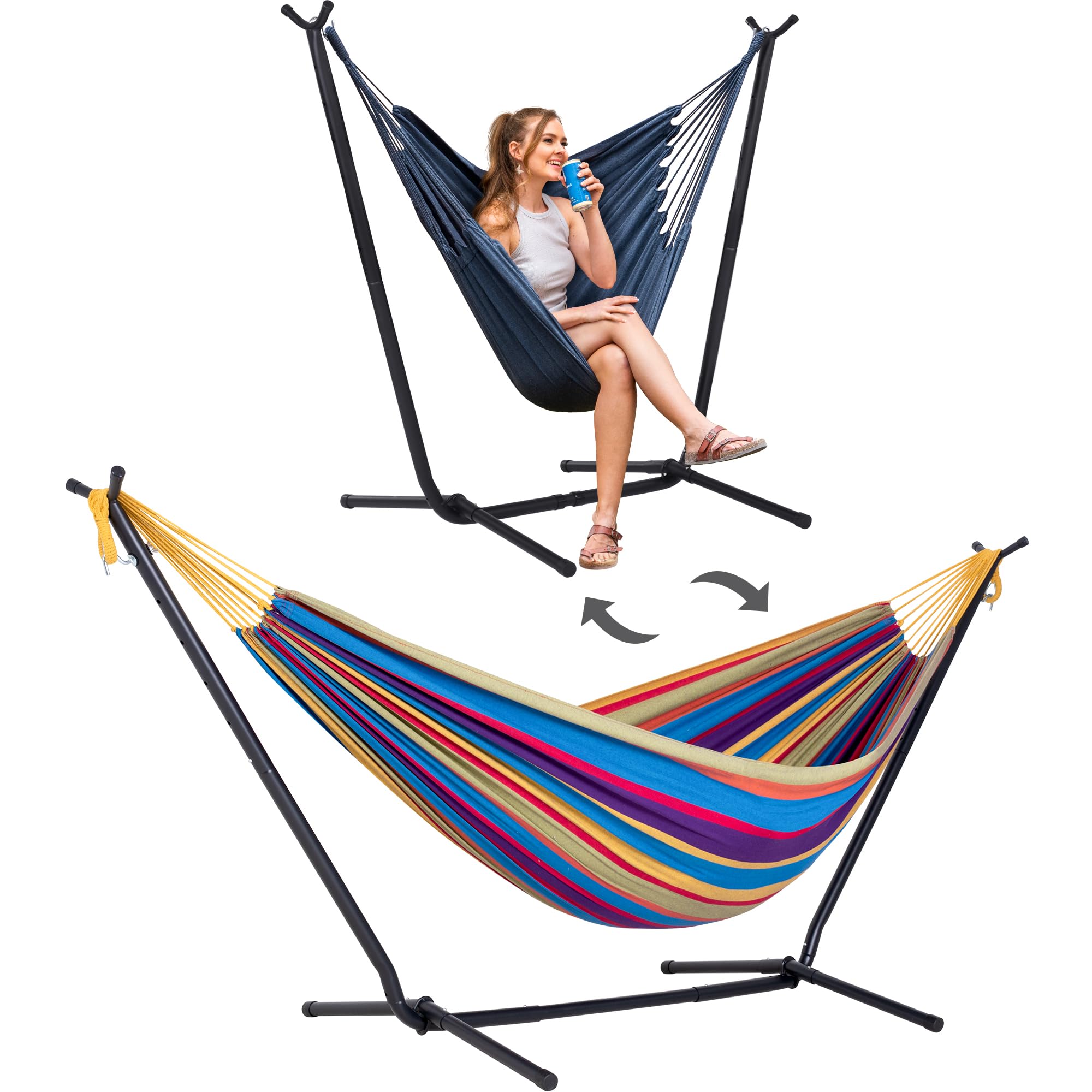 SUNCREAT 2-in-1 Convertible Backyard Fabric Hammock with Stand, Rainbow