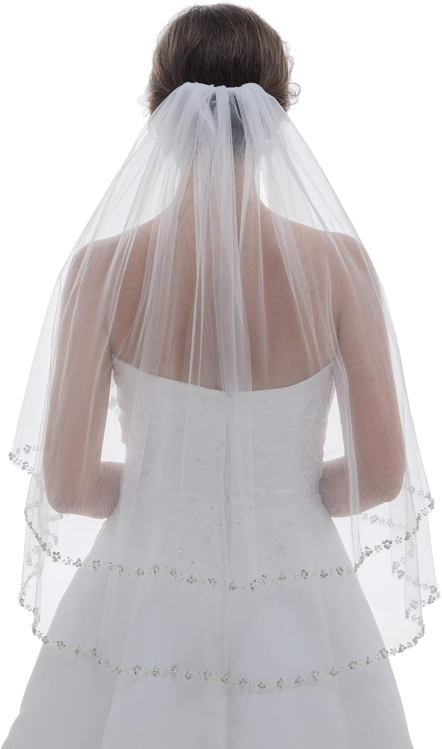 SAMKY 2T 2 Tier Pearls Silver Beaded Bridal Wedding Veil - Image 2