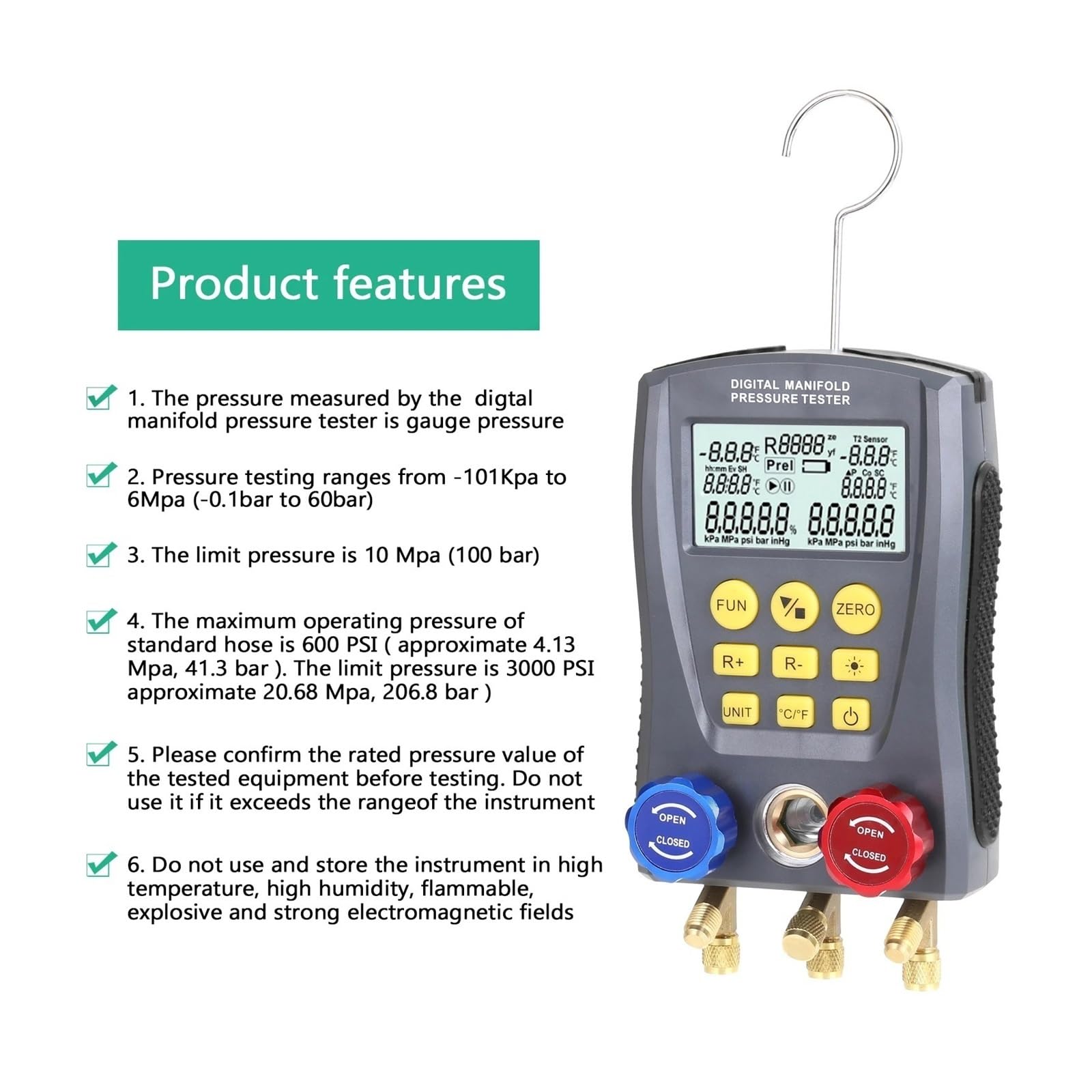 CIRONI Pressure Gauge Digital Vacuum Pressure Manifold Tester Meter Temperature Tester Digital Manifold Gauge Meter (Size : Type1)