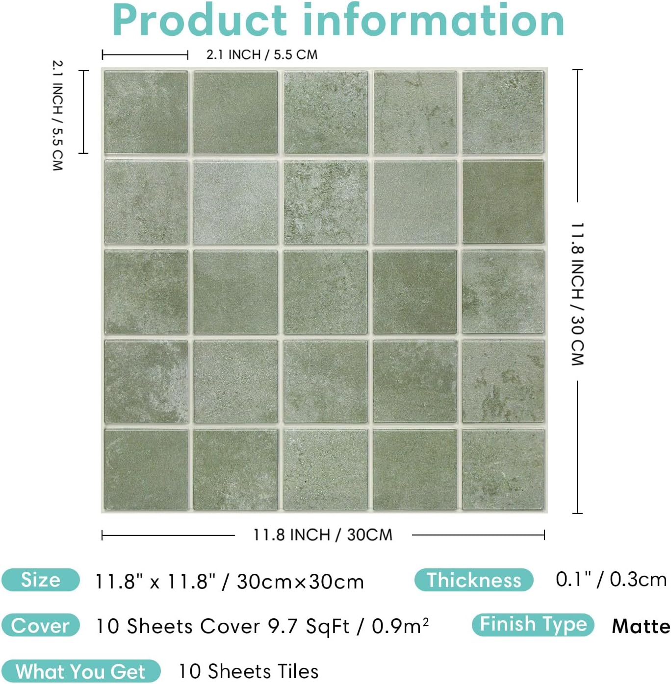 Commomy 10 Pcs Matte 3D Peel and Stick Tile 11.8"x11.8" Ultralight PVC Square Peel and Stick Backsplash for Kitchen Stick on Tiles for Bathroom,Living Room,Fireplace,Wall Decor,Textured Green