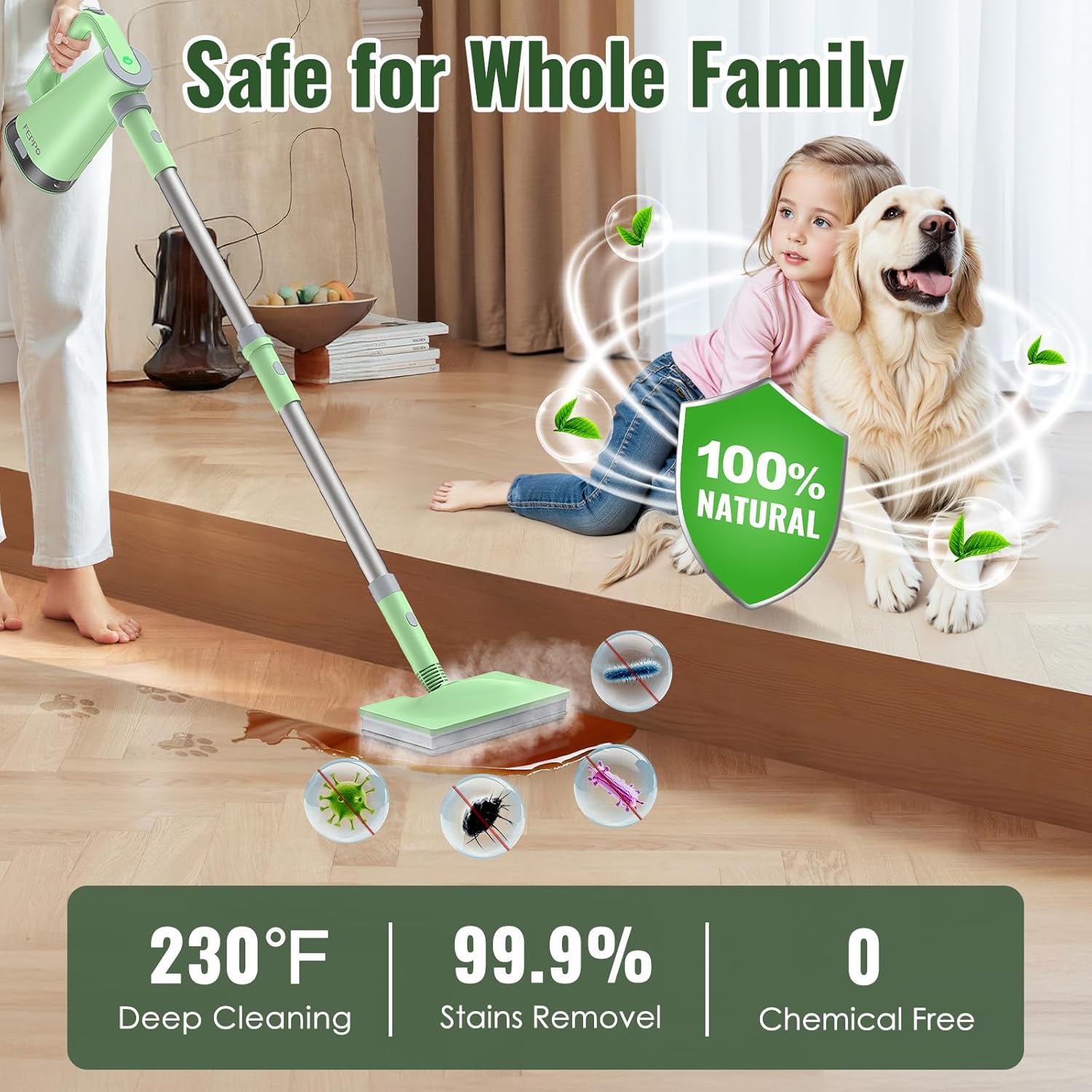 FEPPO 2-in-1 Steam Mop & Handheld Cleaner Bundle with 10-in-1 Accessories & 4 Washable Pads (Includes 2 Extra Pads) - 1300W Powerful Steamer for Floors, Hardwood, Tile, Grout, Windows, Kitchen, Bath