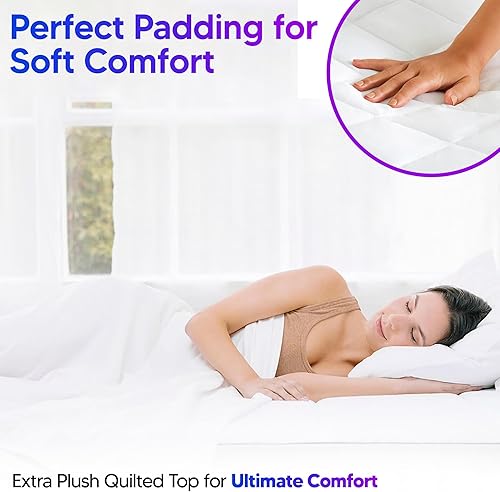 Miniatura 5 de Protector de colchón impermeable acolchado tamaño Queen con falda elástica y bandas de anclaje con bolsillo profundo de hasta 15 pulgadas, sin