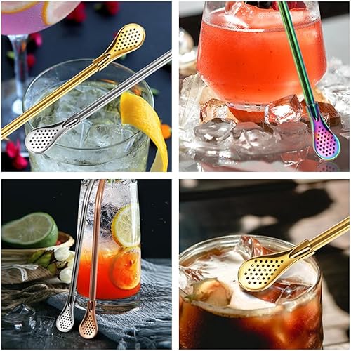 Miniatura 8 de Pajitas reutilizables, 8 pajitas de yerba mate de acero inoxidable dorado con cuchara de filtro movible