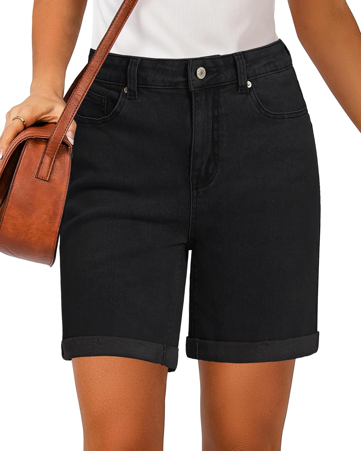 luvamia Jean Shorts for Women High Waisted Trendy Causal Summer Fold Hem Stretchy Long Denim Shorts 7 Inch Inseam