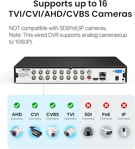 Miniatura 2 de ZOSI 1080P H.265+ Grabador DVR de seguridad de video de 16 canales con detección de humanos y vehículos, DVR CCTV híbrido 4 en 1 de 16 canales con