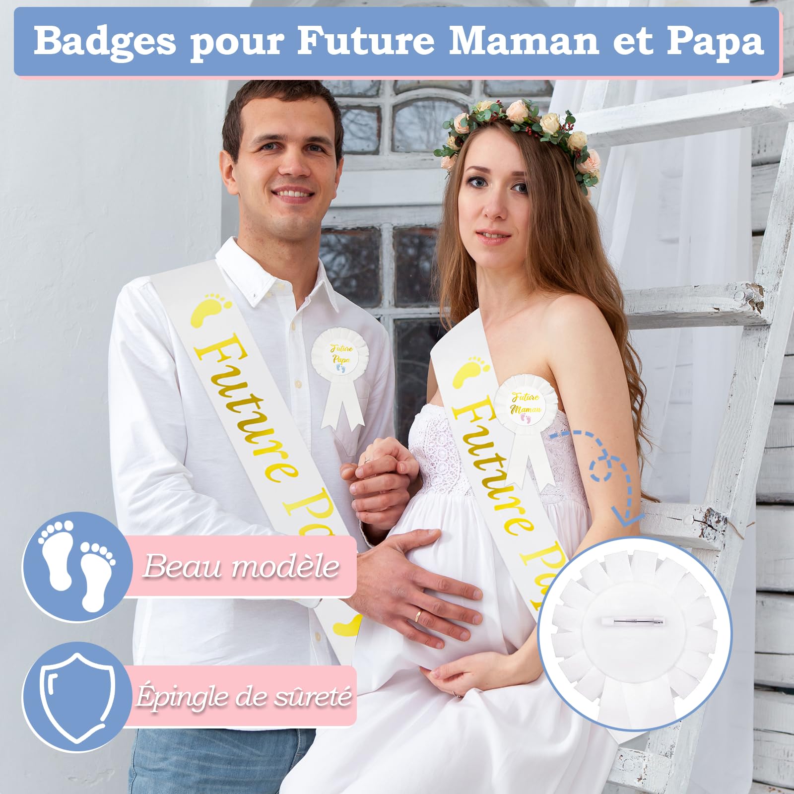 Écharpe Future Maman et Papa+ Épingle Future Maman et Papa, Écharpe Blanches Future Maman Futur Papa Decoration Baby Shower pour Baptême Fête Prénatale Naissance, Cadeau pour Futur Papa Maman