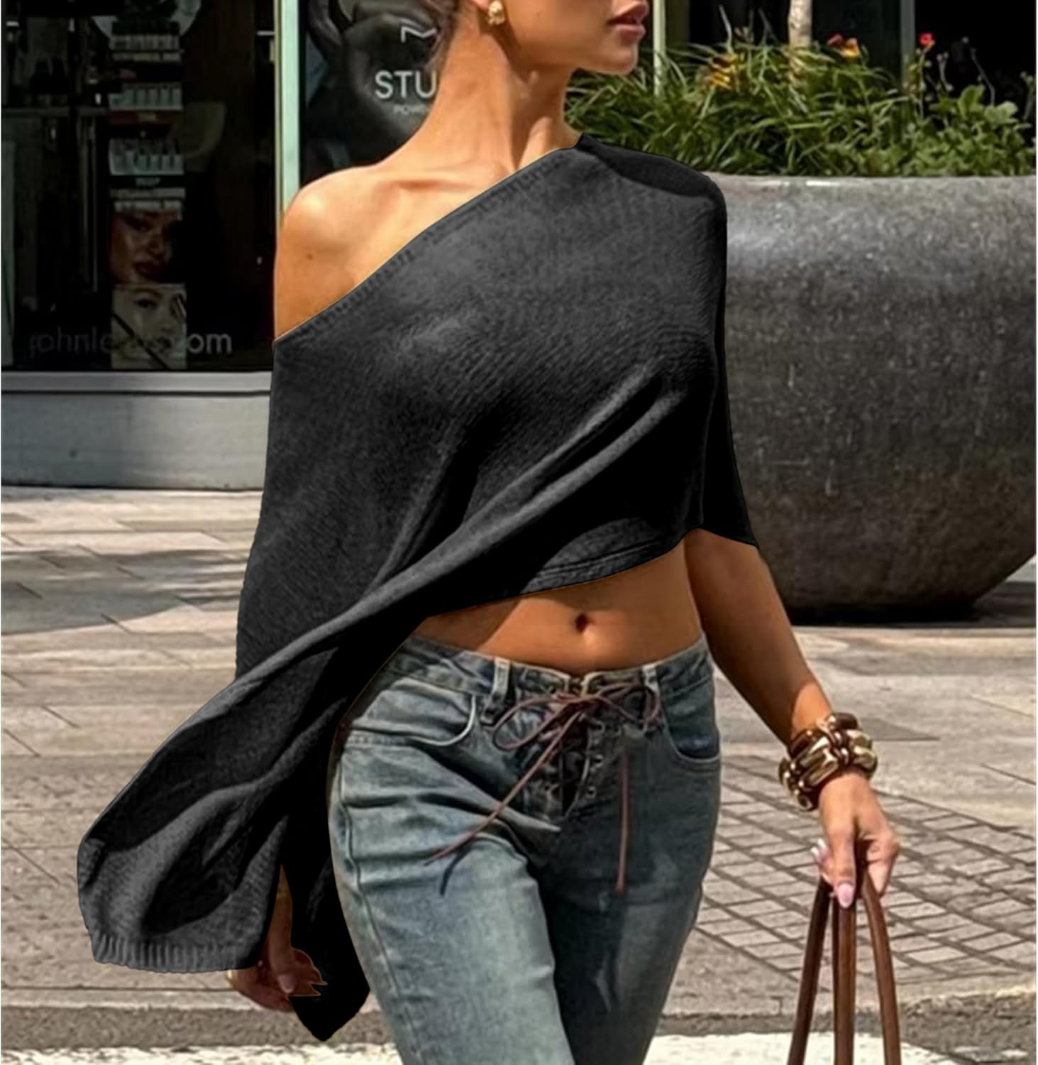 Women Cover Up One Shoulder Knit Asymmetric Shrug Pullover Sweater Trendy Beach Vacation Sheer Poncho Mesh Blouse - Image 7