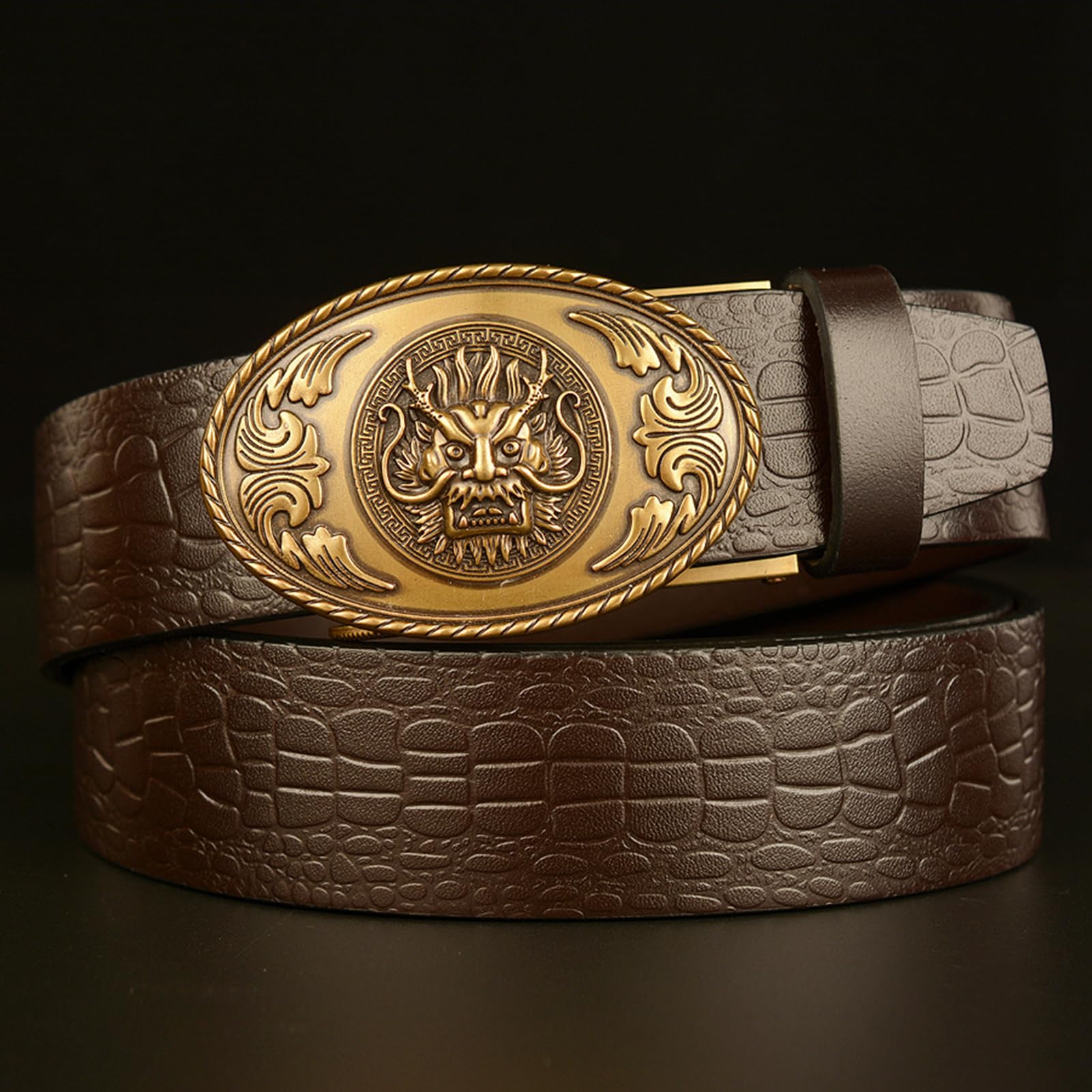 Cinturón Con Trinquete En Relieve, Hebilla Automática Ovalada Deslizante Cabeza De Dragón Dorada, Correa Vaquera Grabado Cocodrilo For Jeans