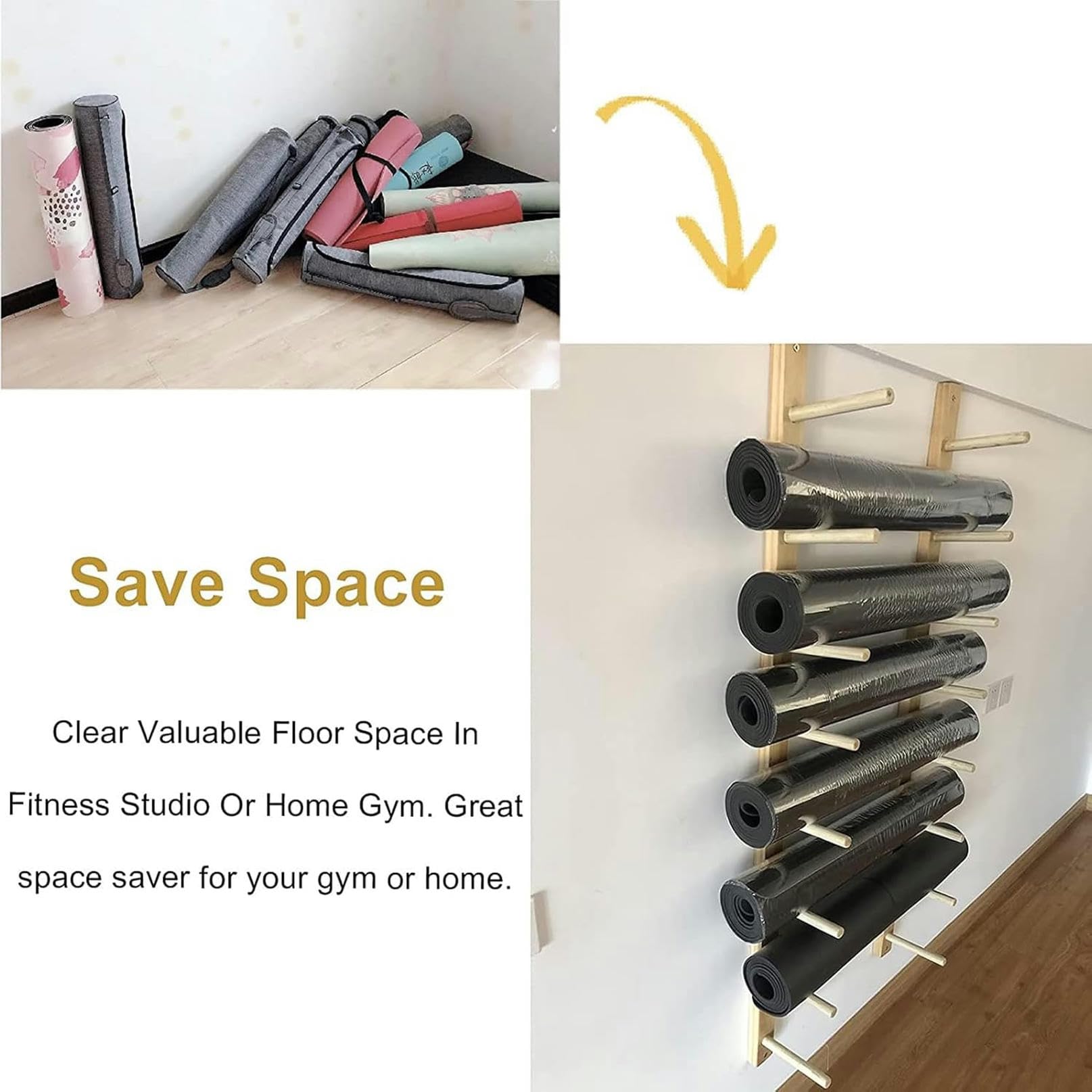 Soporte para Esterilla de Yoga de Montaje en Pared, Estante Organizador Multifuncional de Madera para Gimnasio en casa, Estante para Toallas con Rodillo de Espuma Multicapa