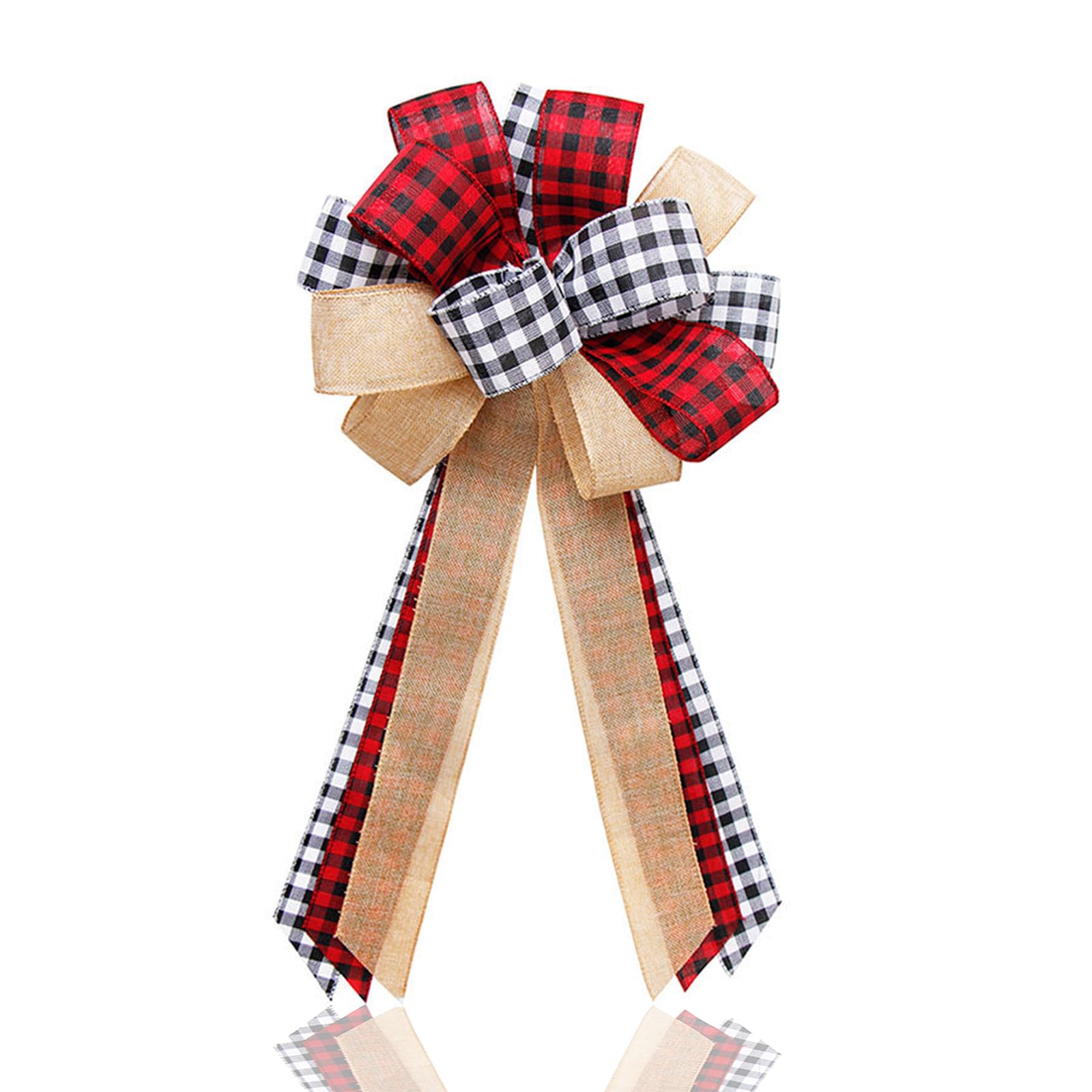 Oarkive Buffalo Plaid Christmas Tree Topper - Rustic Burlap Bow - Red & Black - Farmhouse Christmas Decor