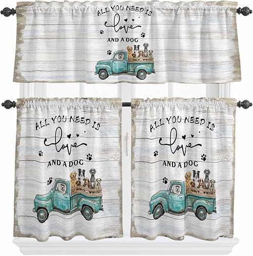 Juego de cenefas y niveles de cortina de cocina, camión azul con bolsillo para barra de perro, juego de 3 piezas de cortina de ventana de grano de