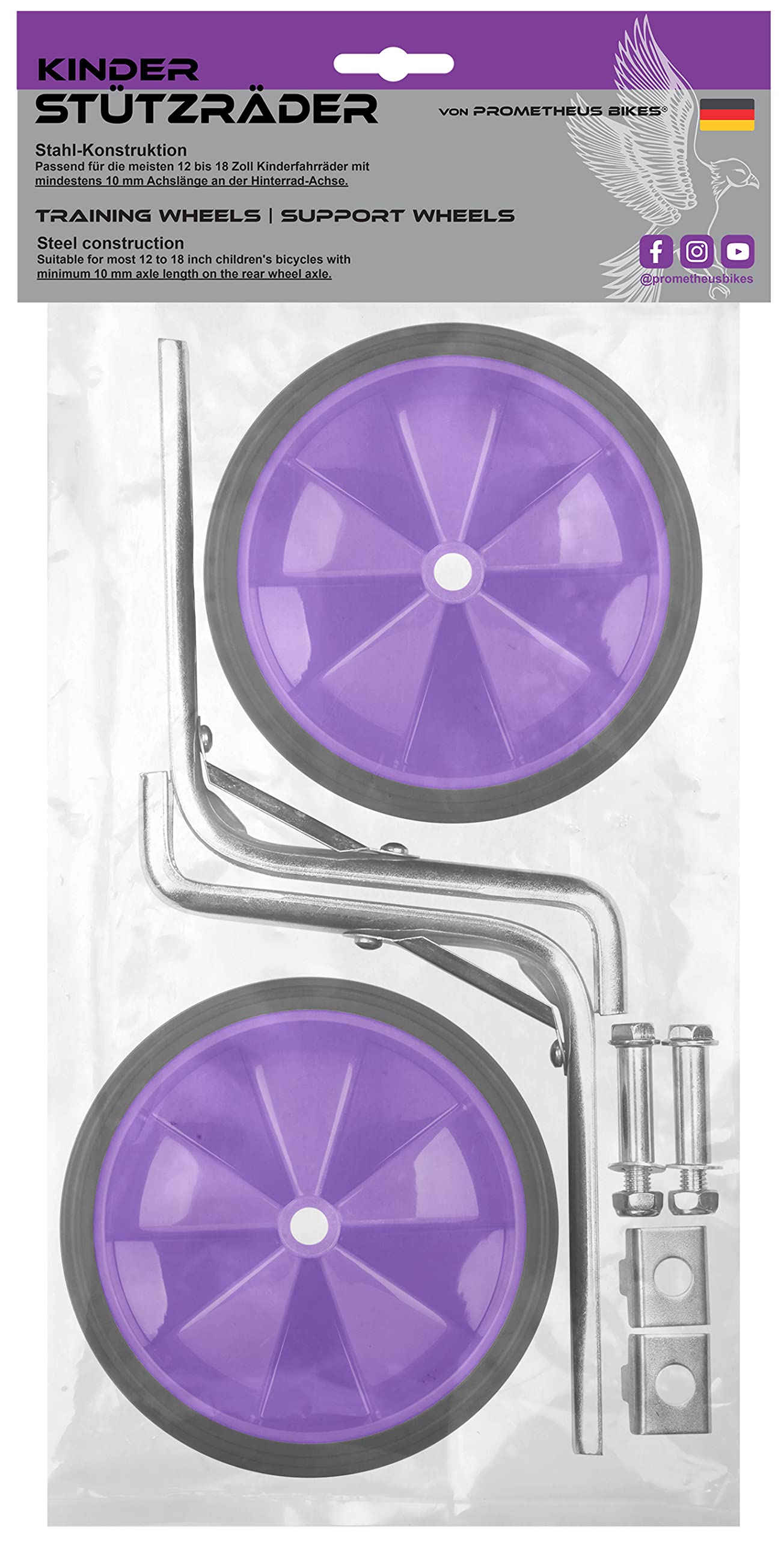 PROMETHEUS BICYCLES Rotelle bici bambino universali 12 14 16 18 pollici | Rotelle per bicicletta bambini | Ruote bici bambino - robusta struttura in acciaio con pneumatici in gomma (Viola)