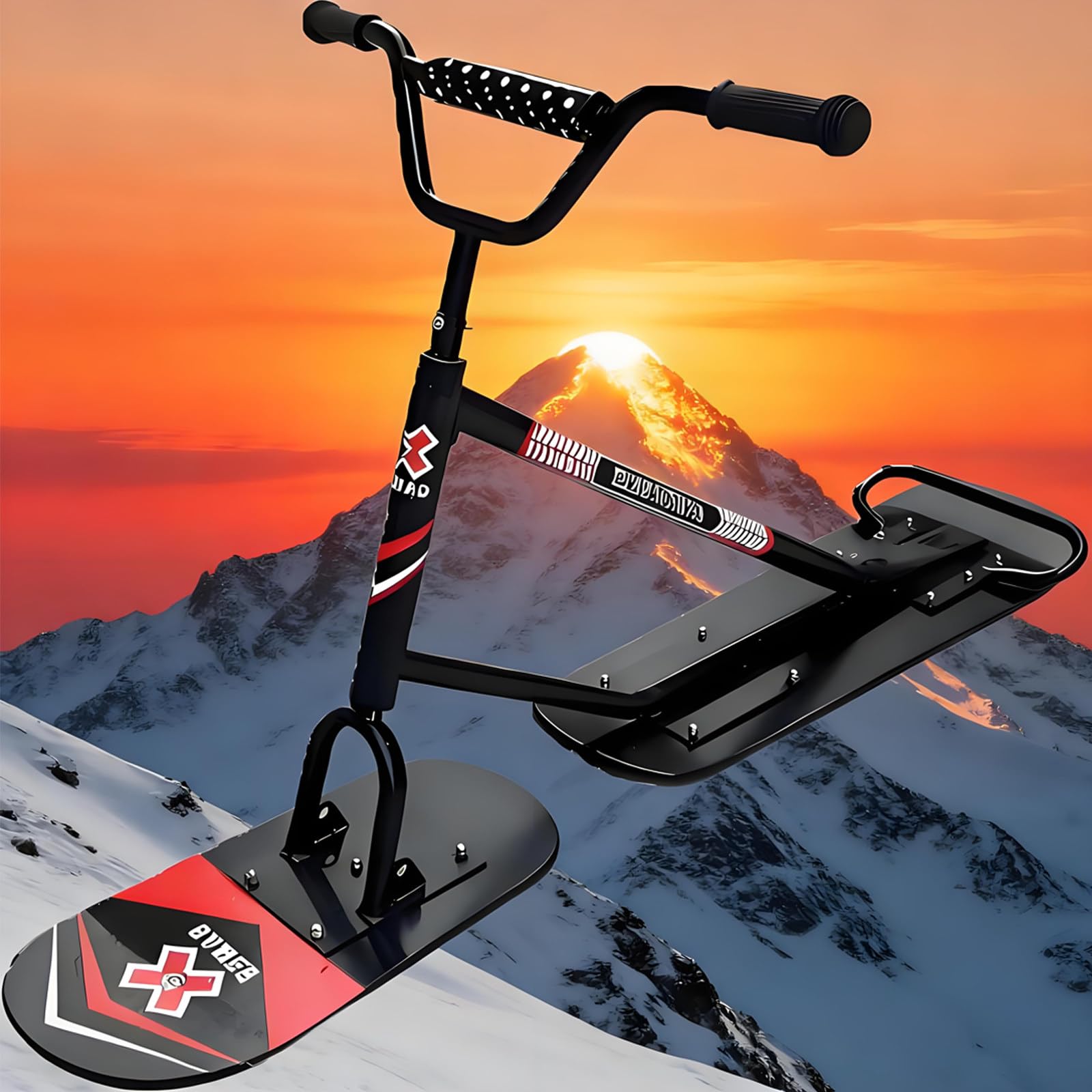 Monopattino da Neve Professionale per Adulti, Slitta da Snowboard con Sterzo A 360° E Telaio in Alluminio, capacità di Carico di 150 kg Black