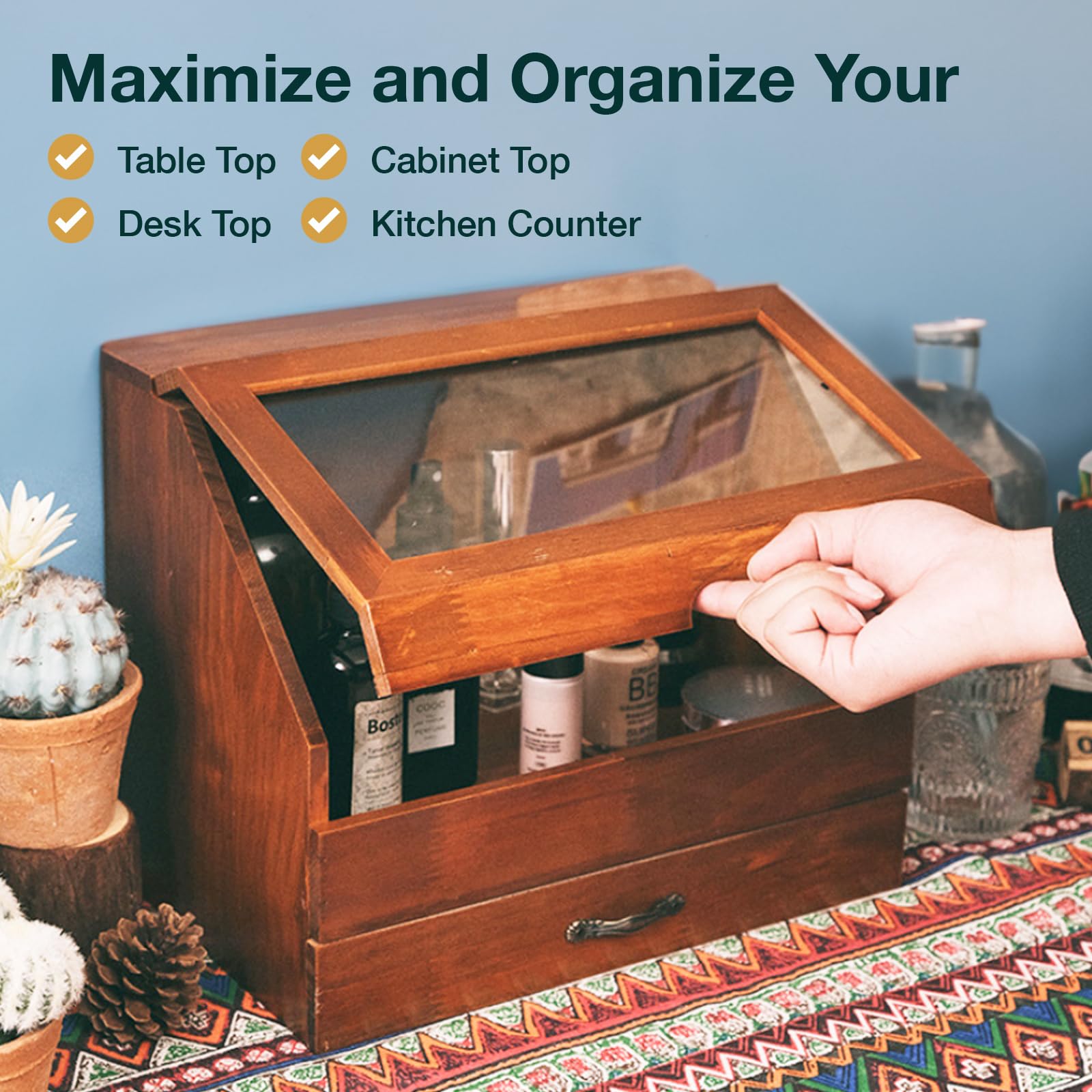 Vintage Tabletop Organizer with Glass Top Compartment -2-Tier Display Cabinet for Desk - Wooden Desktop Storage Box with Drawer and See-through Cabinet - Mahogany Brown Organizing Unit