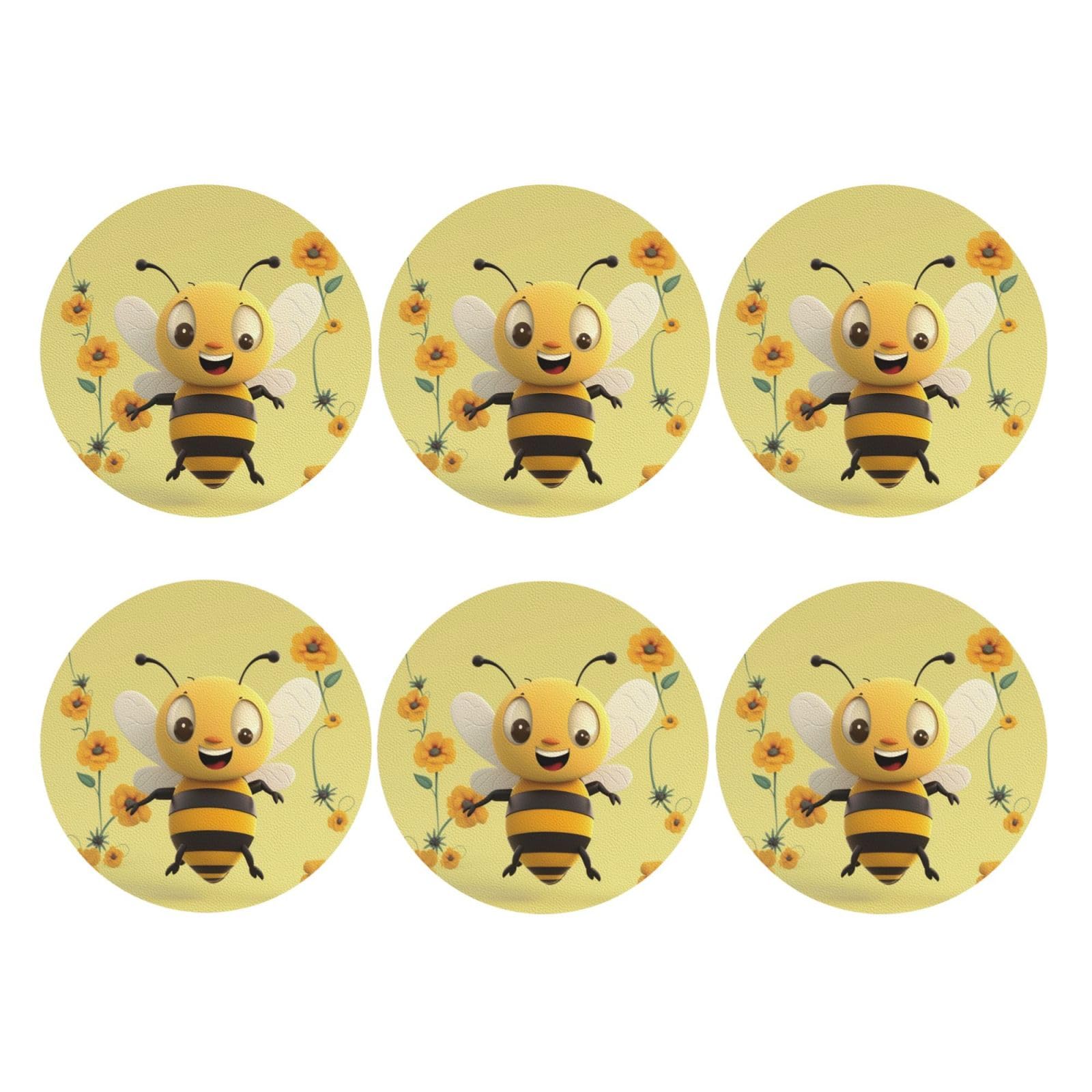 6pcs Leather Coasters for Drinks, Happy Bee Drink Coasters for Tabletop Protection, 4" Cup Coasters for Coffee Table Decor, Non-Slip Drinking Cup Mat for Hot Or Cold Drink