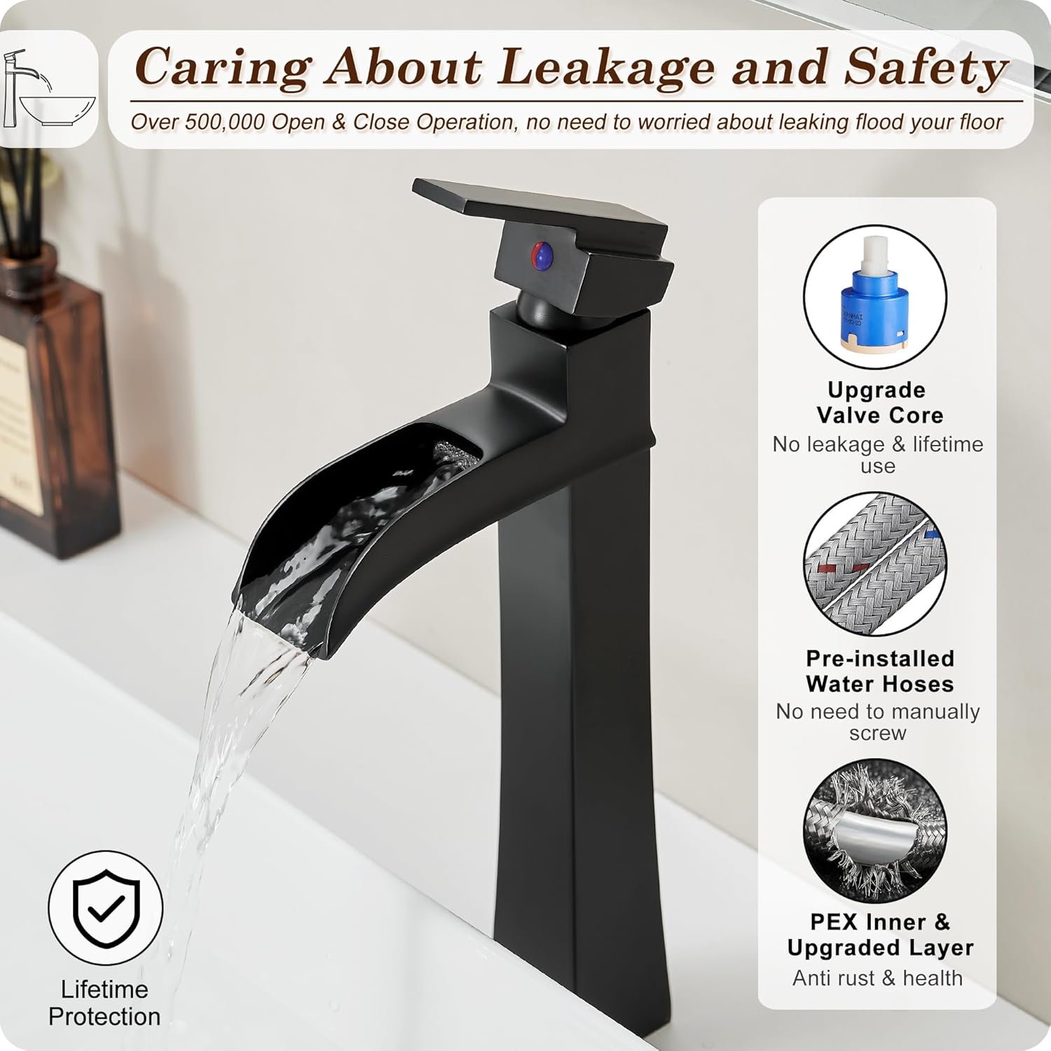 Vessel Sink Faucet Black, 12 Inch Waterfall Tall Bathroom Faucet One Hole with Pop-Up Drain & Pre-Installed Hoses, Single Handle for Bathroom Sink Bowl Deck Mount, Modern, Brass Material - Image 5