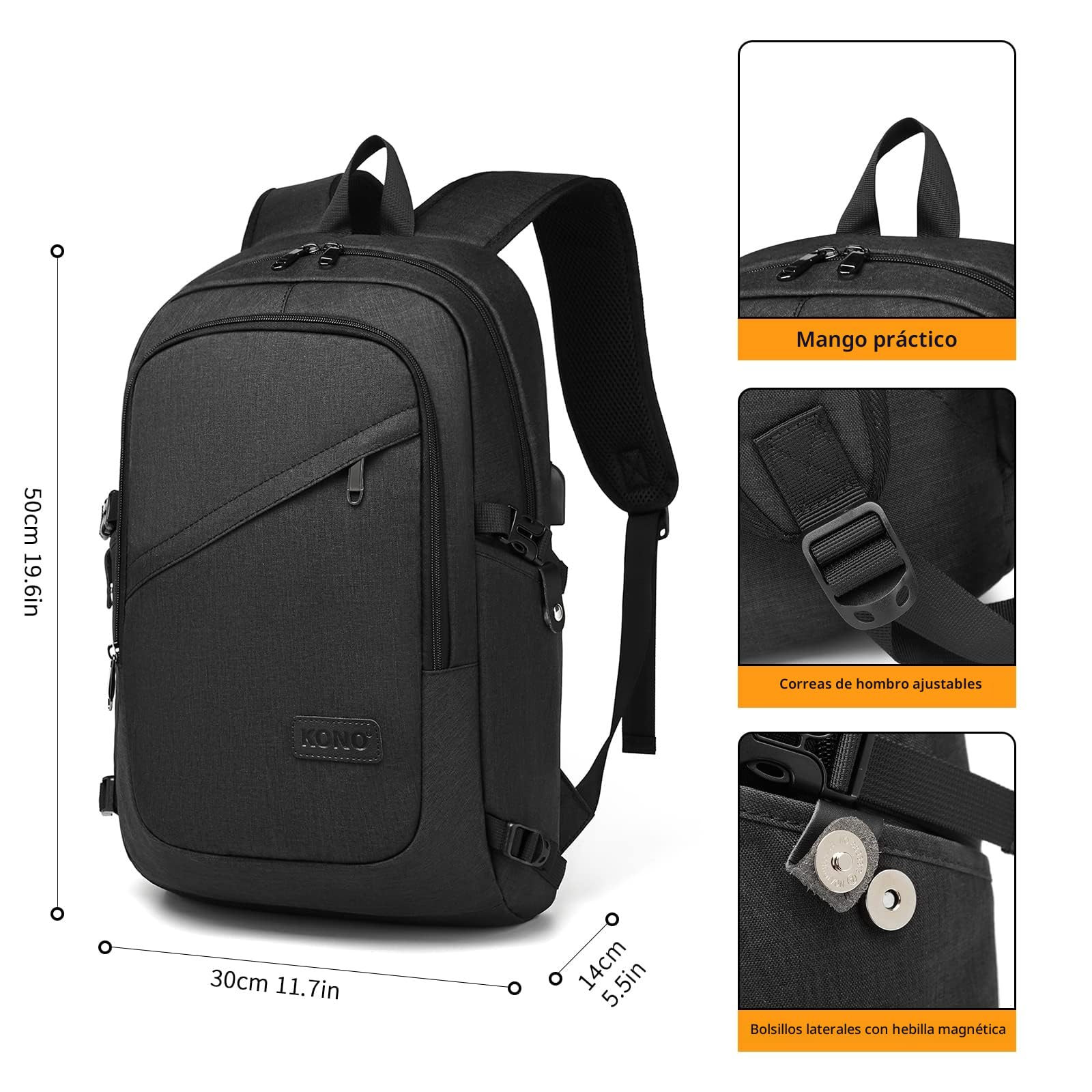 Kono Mochila Portátil 15,6 Pulgadas Hombre, Mochila Antirrobo Impermeable con Puerto USB y Candado, Ligera para Trabajo, Viaje y Uso Diario - Negro