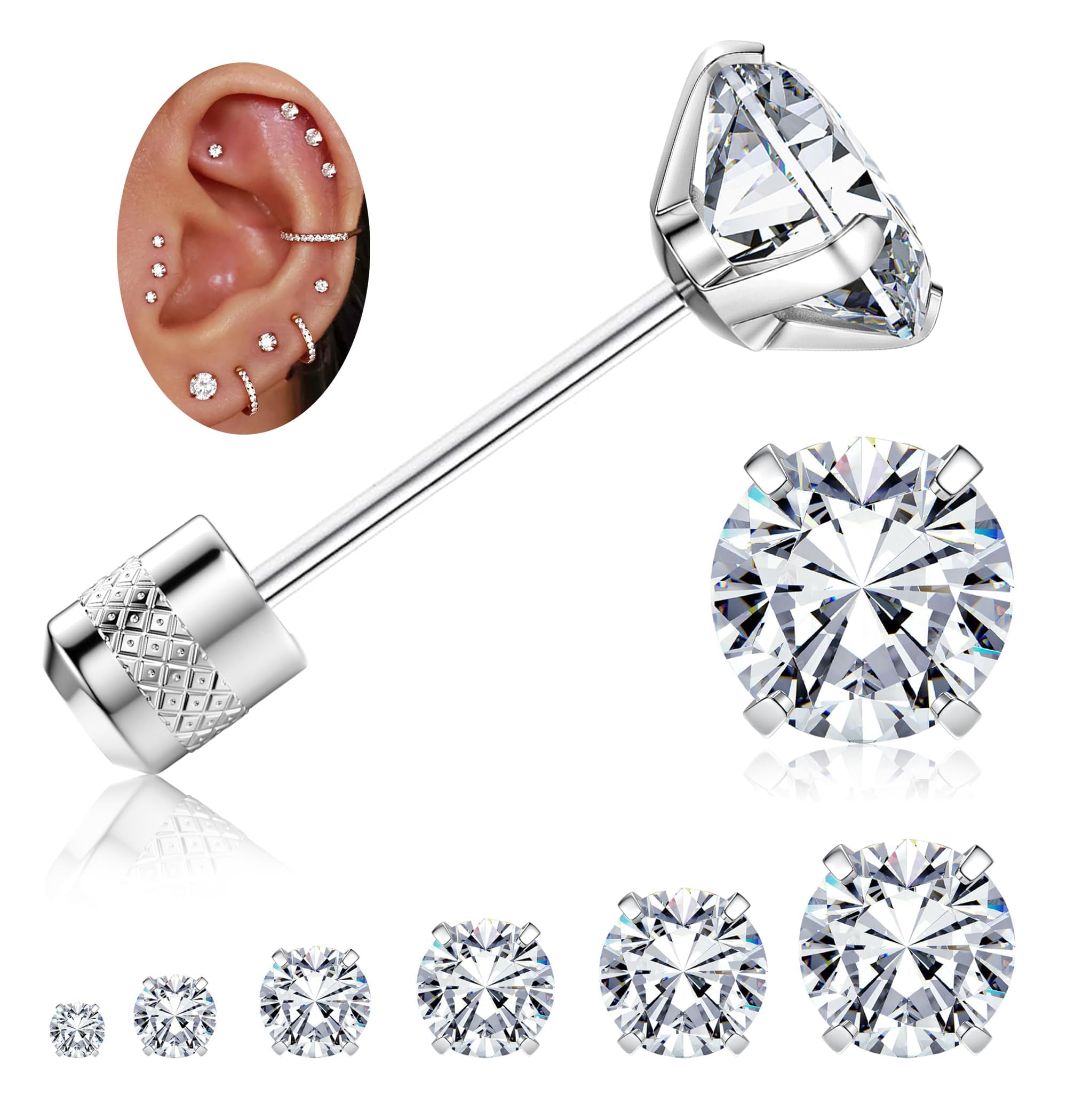 JstyleThreadless Flat Back Earrings,Hypoallergenic Surgical Steel Earrings for Sensitive Ears, Cubic Zirconia Silver Stud Earrings Set for Cartilage