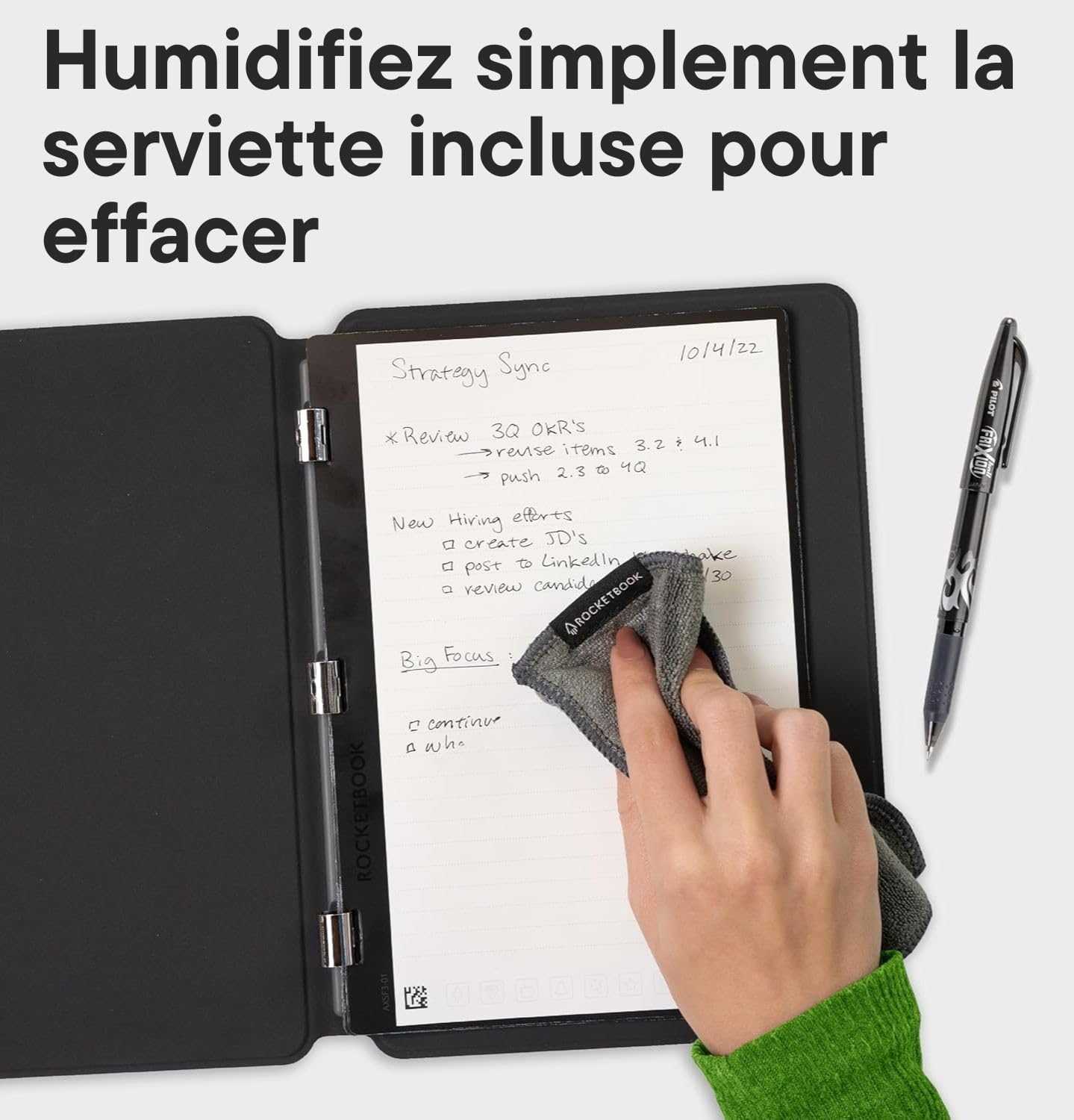 Rocketbook Carnet de notes numérique réutilisable – Carnet intelligent A5 noir, 20 pages, reliure à spirales, papier pointillé et ligné, couverture en cuir vegan avec stylo effaçable Frixion