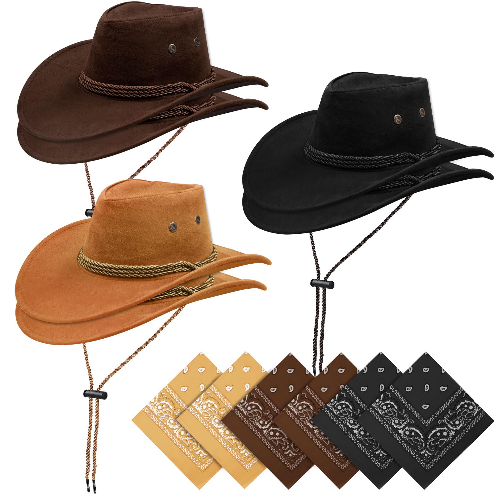 ASMIZ6 Pieces Western Cowboy Hats Bulk, Fancy Dress Cowboy Hat with Bandanas, Cowgirl Party Hats for Men Women Adult Costume Party