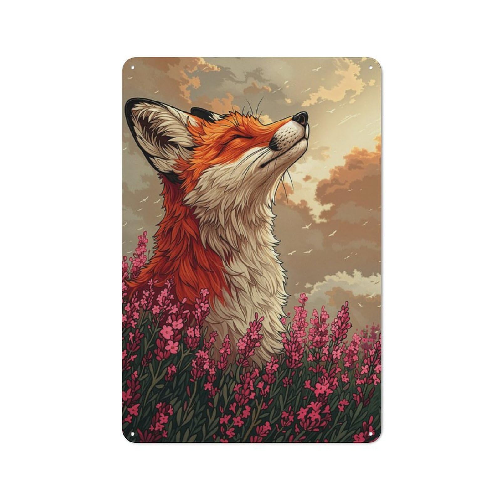 Fox in A Field of Flowers Rustic Metal Wall Decor 30x20cm, Decorative Metal Plaque for Shed, Garden Room, Porch Or Garage