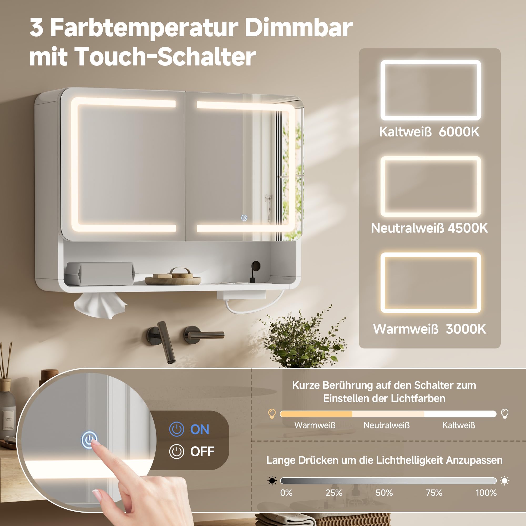 Gyfimoie Spiegelschrank Bad mit Beleuchtung LED, Badezimmer Spiegelschrank mit Steckdose, Badezimmerschrank Verstellbare Regale, Hängeschrank, Einlass für die Tissuebox, 80x60x16cm,