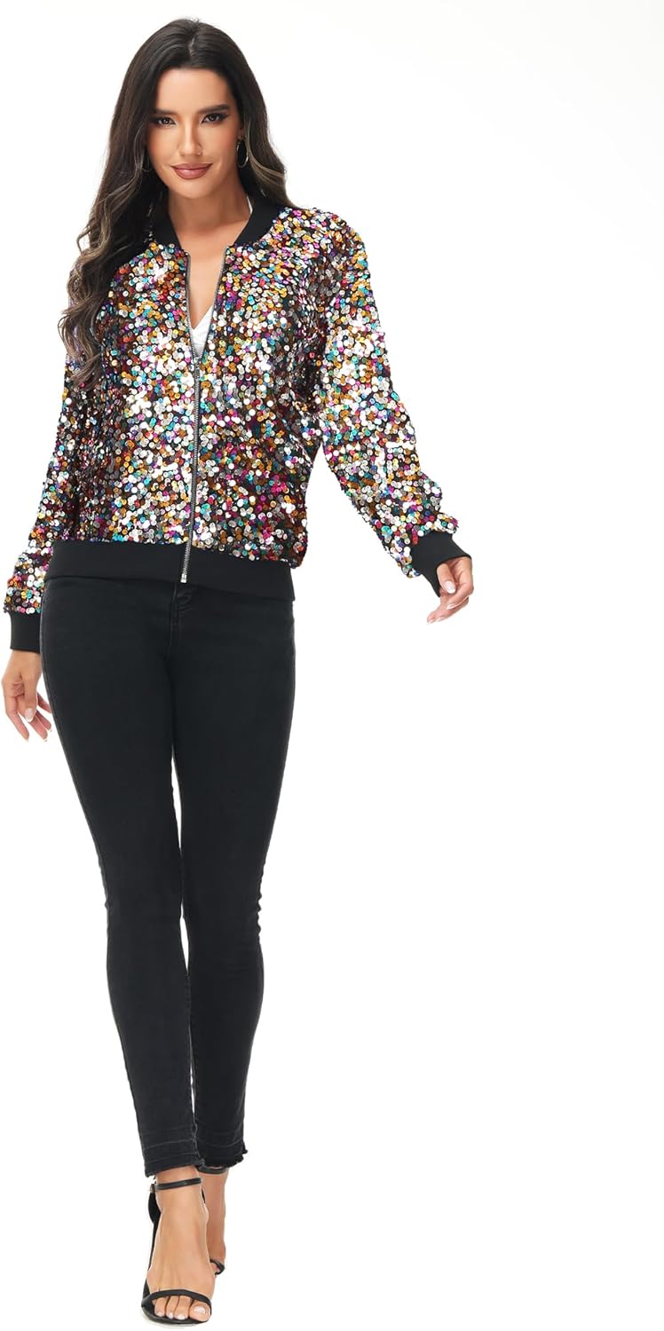 Anna-Kaci Womens Sequin Jacket Bomber Coat 1989 Slitter Outfit For Concert Party