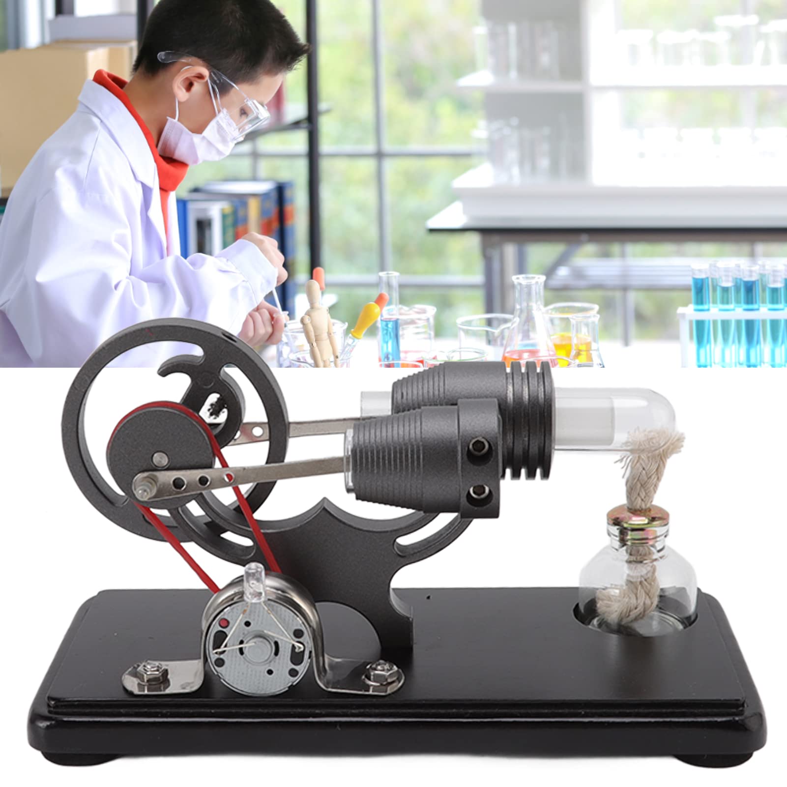 Jeanoko Stirlingmotor-Modellbausatz, Schwarz, Leistungsstarkes Lernspielzeug für Wissenschaftliche Projekte und Demonstrationen, Design aus Zinklegierung und Glas
