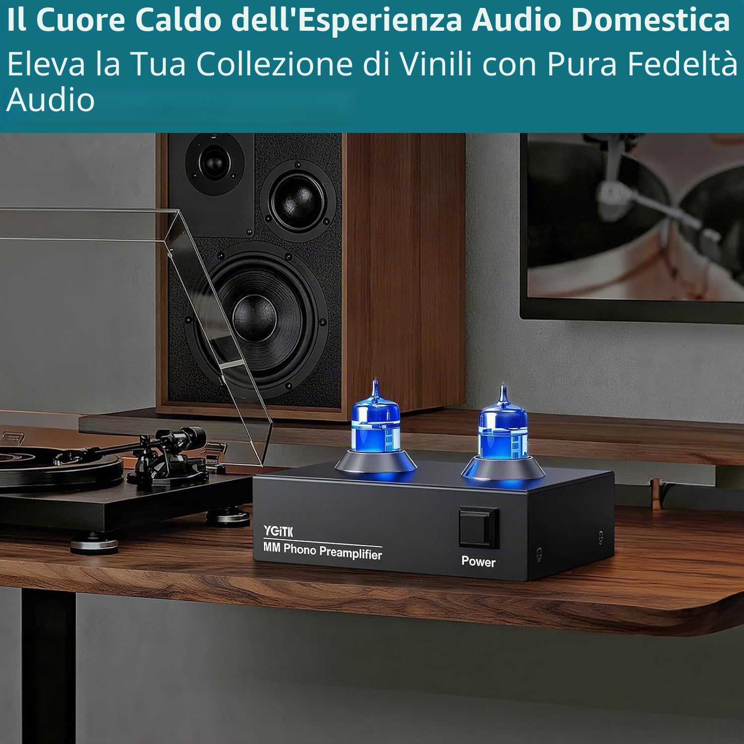 Preamplificatore Phono a Valvola con Tubo 6J2 per Giradischi MM, Design a Basso Rumore, Connettori RCA Oro, Alimentatore Certificato - per Sistema Hi-Fi Vinile