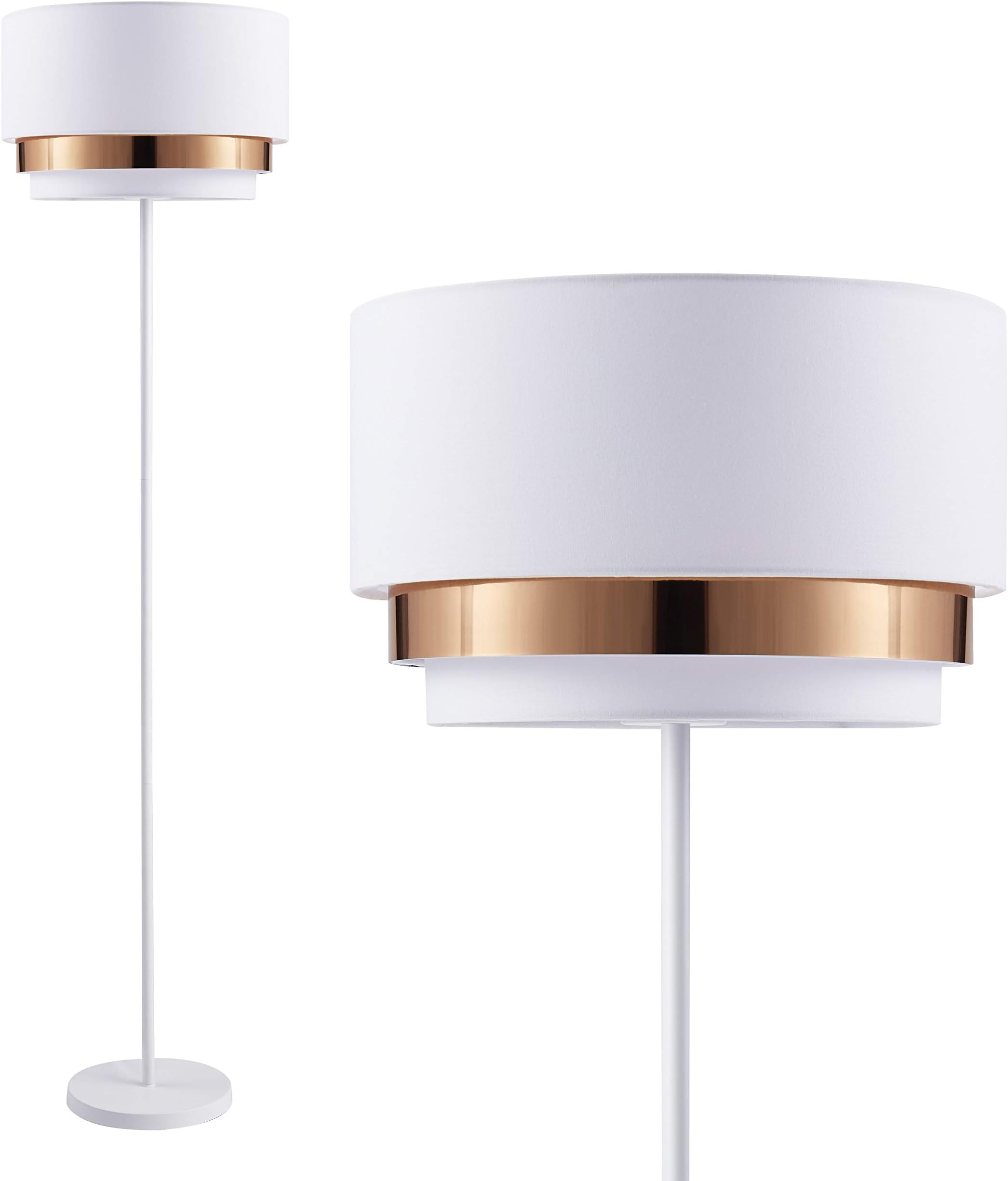 ambiore.. Floor Lamp with Complimentary Bulb Mambo - Contemporary Modern Elegant Indoor Standing Light Mid-Century Living Room - matt Pole Lamp with 3-Layer White Fabric & Rose Gold Film Shade - White
