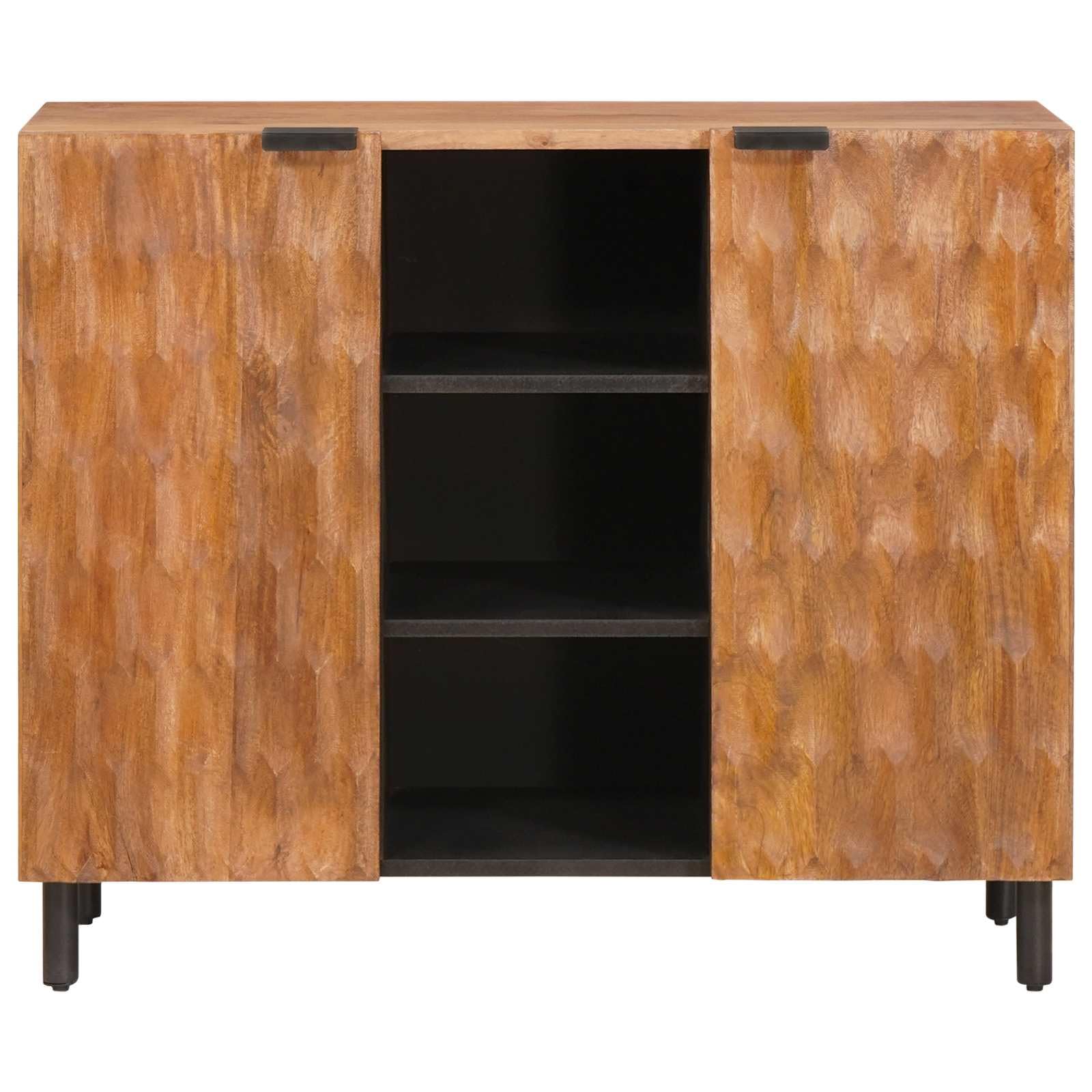 Credenza con superficie marrone acacia, 90 x 33 x 75 cm, con ripiano, ante a battente, legno massiccio di mango, spazio per soggiorno, camera da letto, console multimediale, stoccaggio, rack