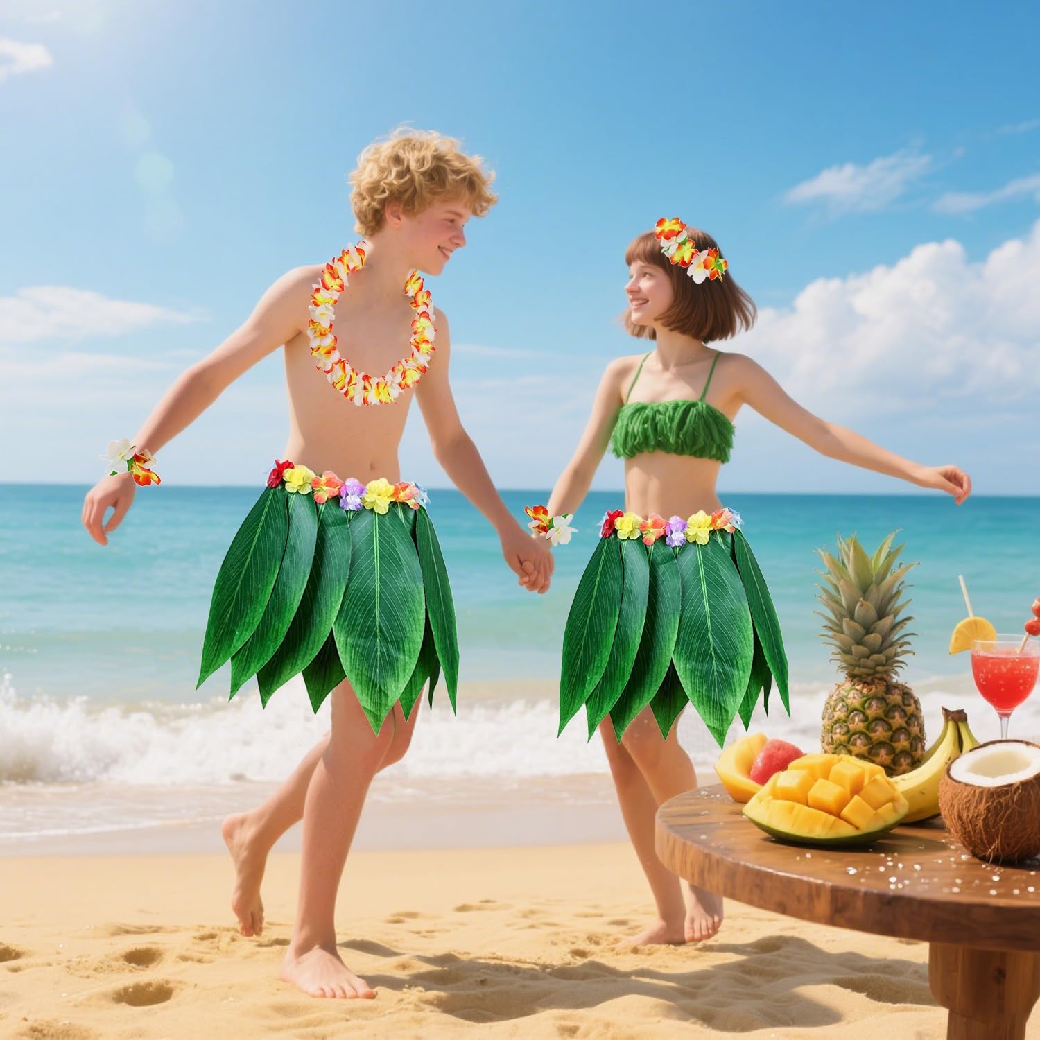 Leaf Hula Skirt and Hibiscus Leis Set Hawaiian Costumes for Beach Luau Party - Image 4
