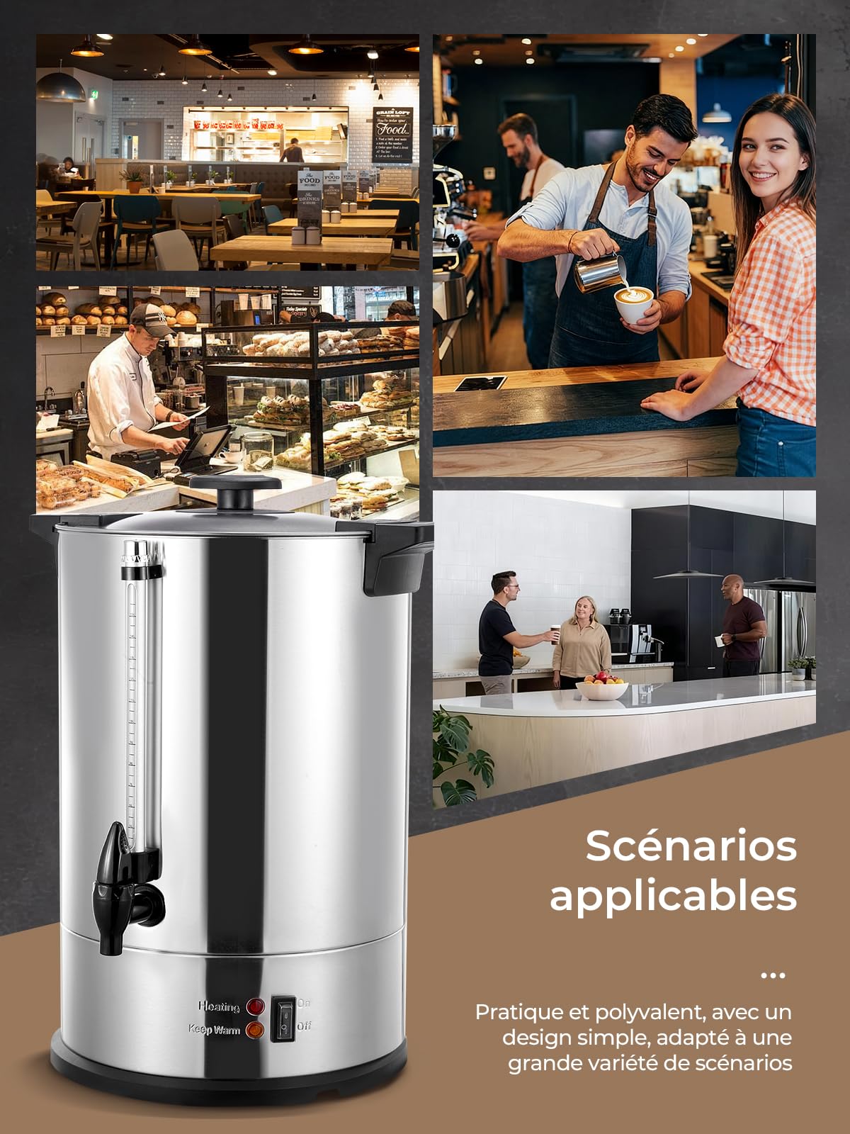 FOHERE Percolateur à Café 15L 150 Tasses/H Distributeur de Boissons Chaudes, Récipient Chauffant 1500 W en Acier Inoxydable, Fonction de Brassage Et de Maintien au Chaud mit Robinet de Sécurité