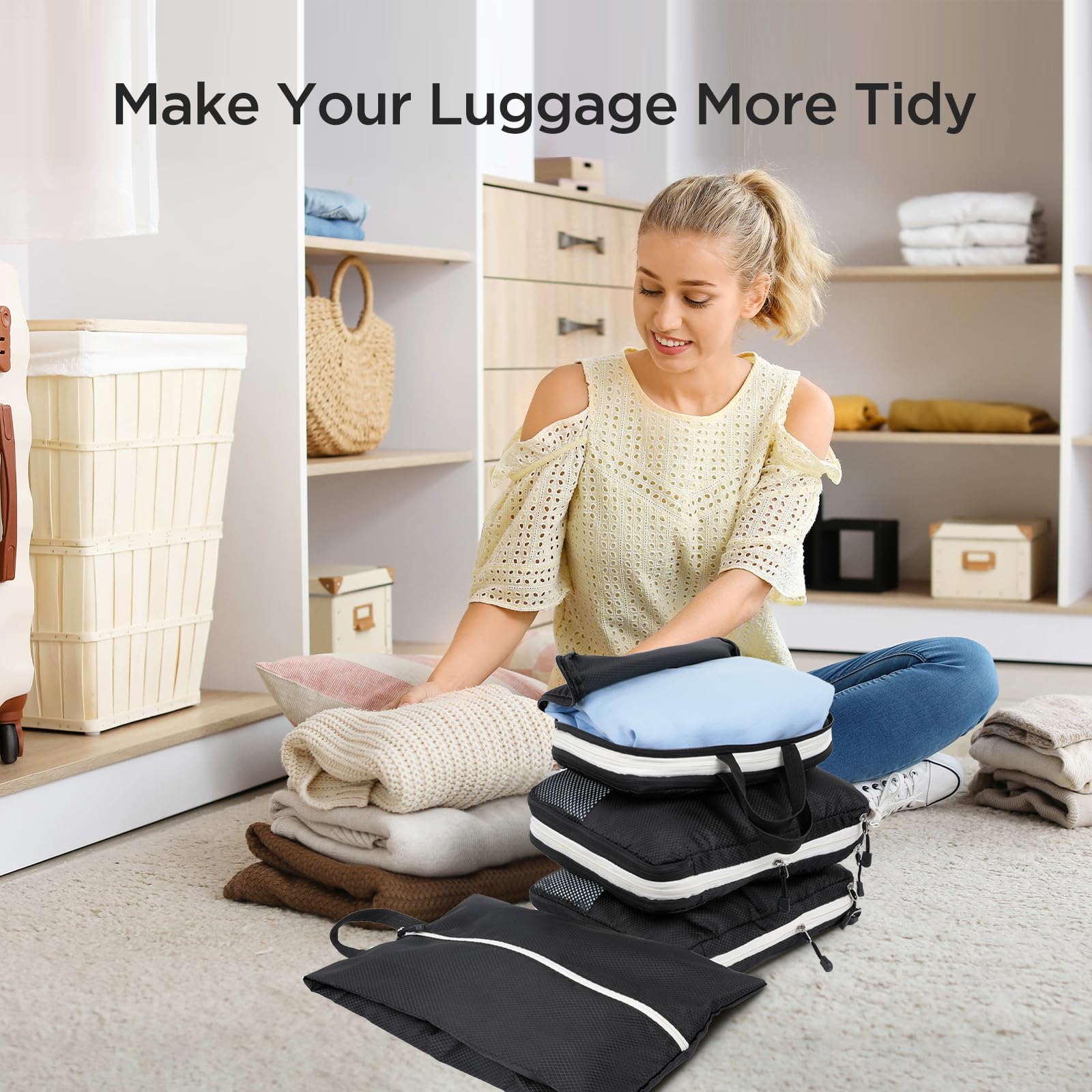 AiQInu Organizer Valigia 4 Pezzi Set, Compressione Packing Cube Salvaspazio Espandibile Ultraleggero Viaggio Organizer per i Vestiti,Scarpe,Intimo Set da Viaggio per Zaini o Bagagli a Mano