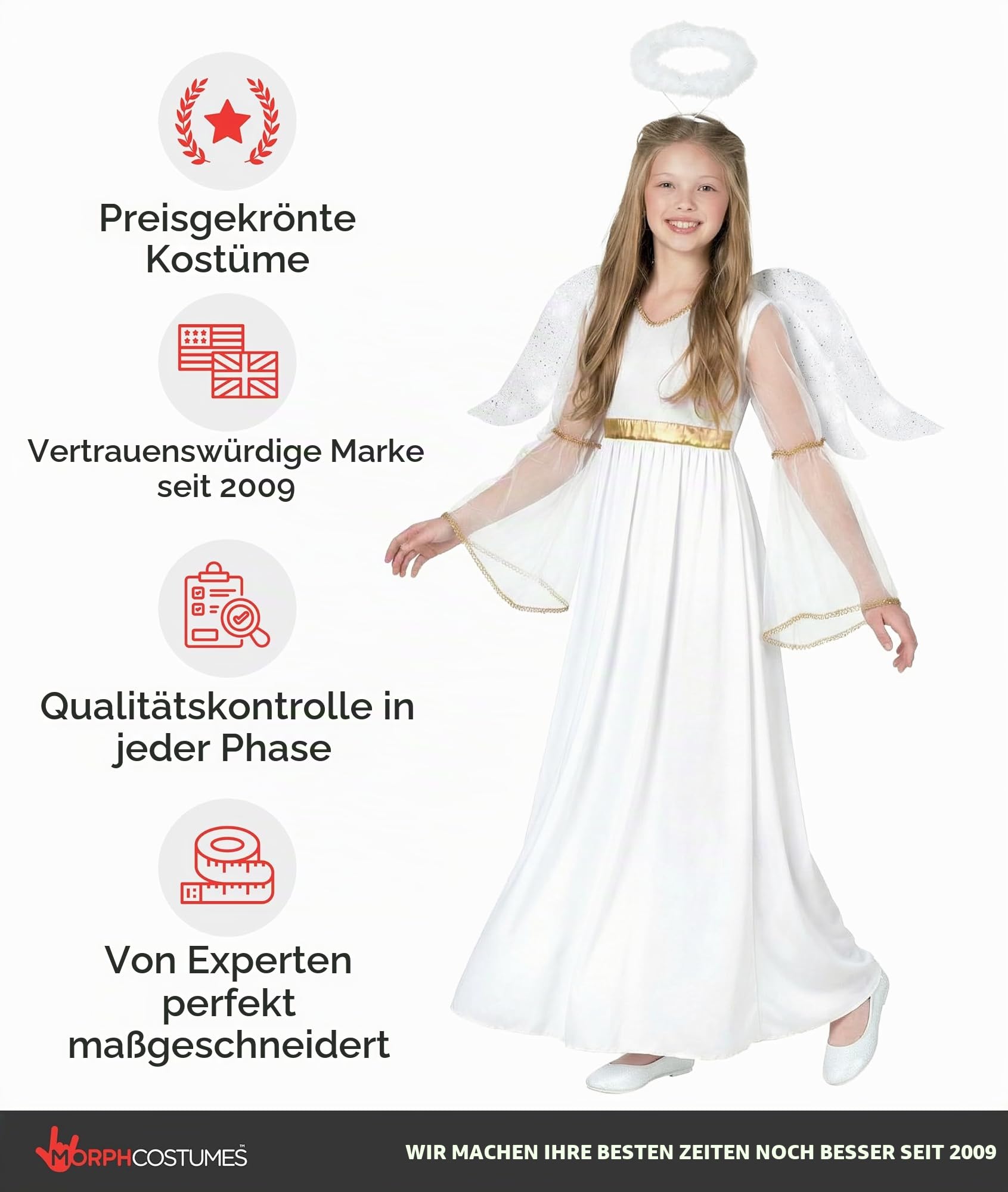 Morph Engel Kostüm Kinder, Himmlisches Halloween Kostüm Kinder | Kleid, Flügel & Heiligenschein, Weiß-goldenes Design, Zum Überziehen, Perfekt für Halloween, Ideal für Rollenspiele