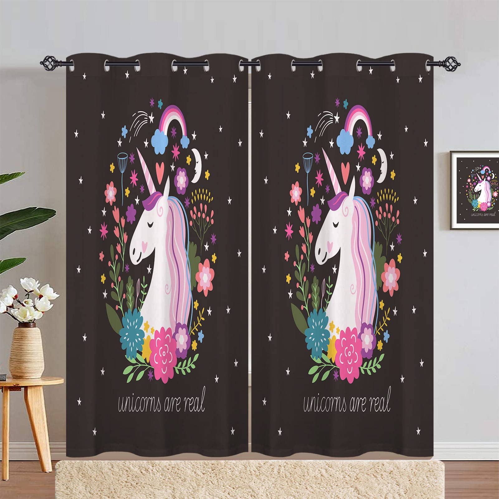 ANHOPE Unicorn Curtains Eyelet 80% Blackout Room Darkening Curtains Flower Moon Rainbow Print Pattern Thermal Light Blocking Window Drapes for Kids Girls Bedroom Living Room 66 x 90 Inch Drop 2 Panels — image 1