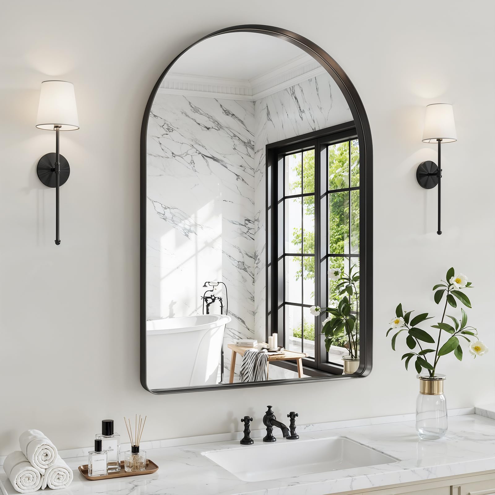 arched bathroom mirror, 30"x40" black mirror for wall mounted vanity mirror for over sink with tempered glass, aluminum alloy deep frame, farmhouse for bedroom, entryway, living room