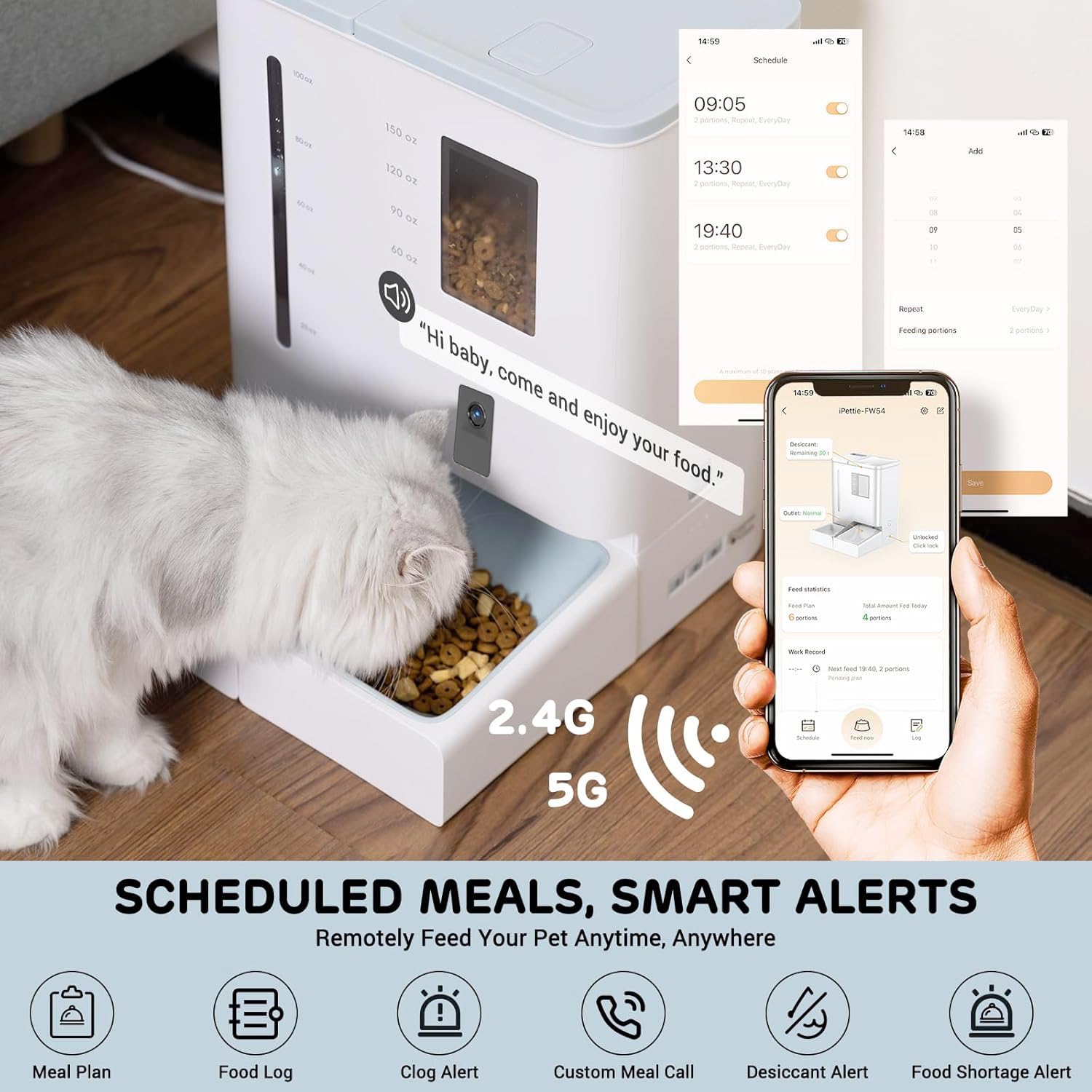 2025 Dual Automatic Pet Feeder | Distributore di acqua e cibo per cani e gatti | Capacità 4L/14oz e 5Kg/11lbs | WIFI, video 2K, audio bidirezionale, timer | Controllo intelligente delle app con Alexa,