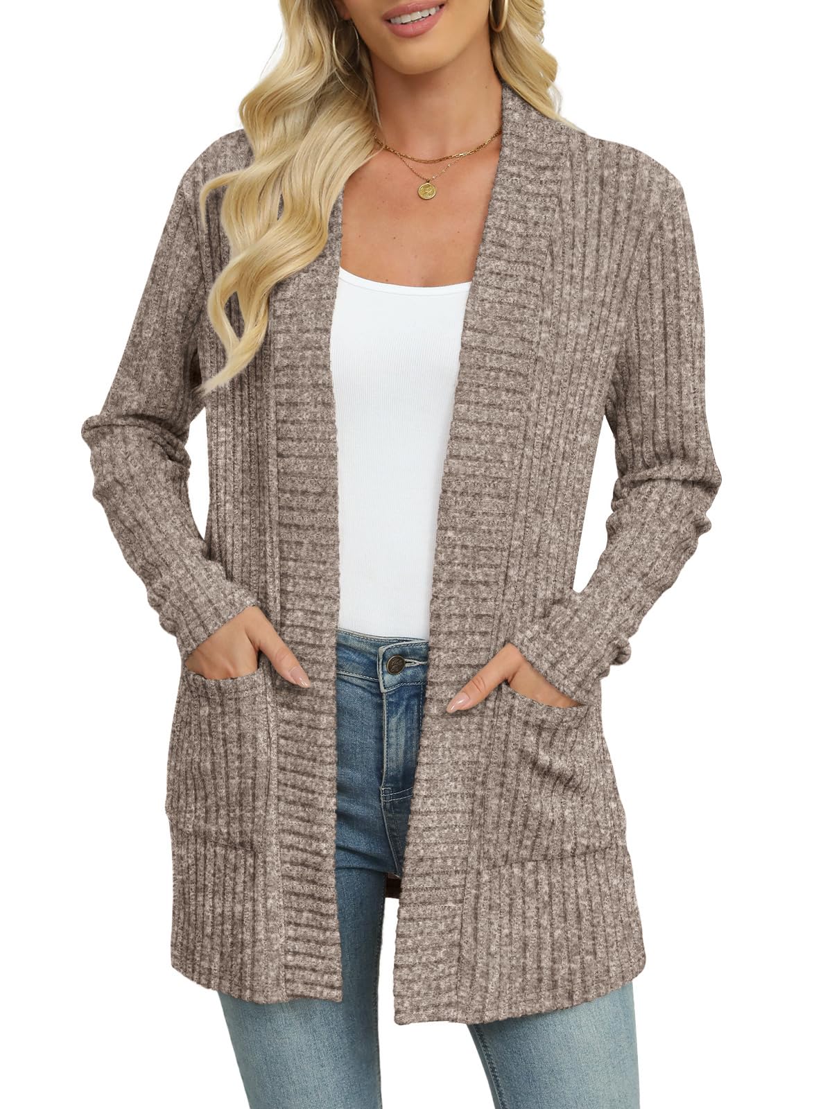 Womens Lightweight Cardigan Sweater Long Sleeve Open Front Loose Casual Cardigans with Pockets