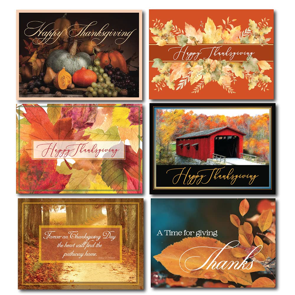 Thanksgiving Greeting Card Assortment. A Variety Box Set of 6 Different Seasonal Cards and Verses Designed and Written For Both Personal and Business Use. 25 Cards and 26 Gold Foil-Lined Envelopes