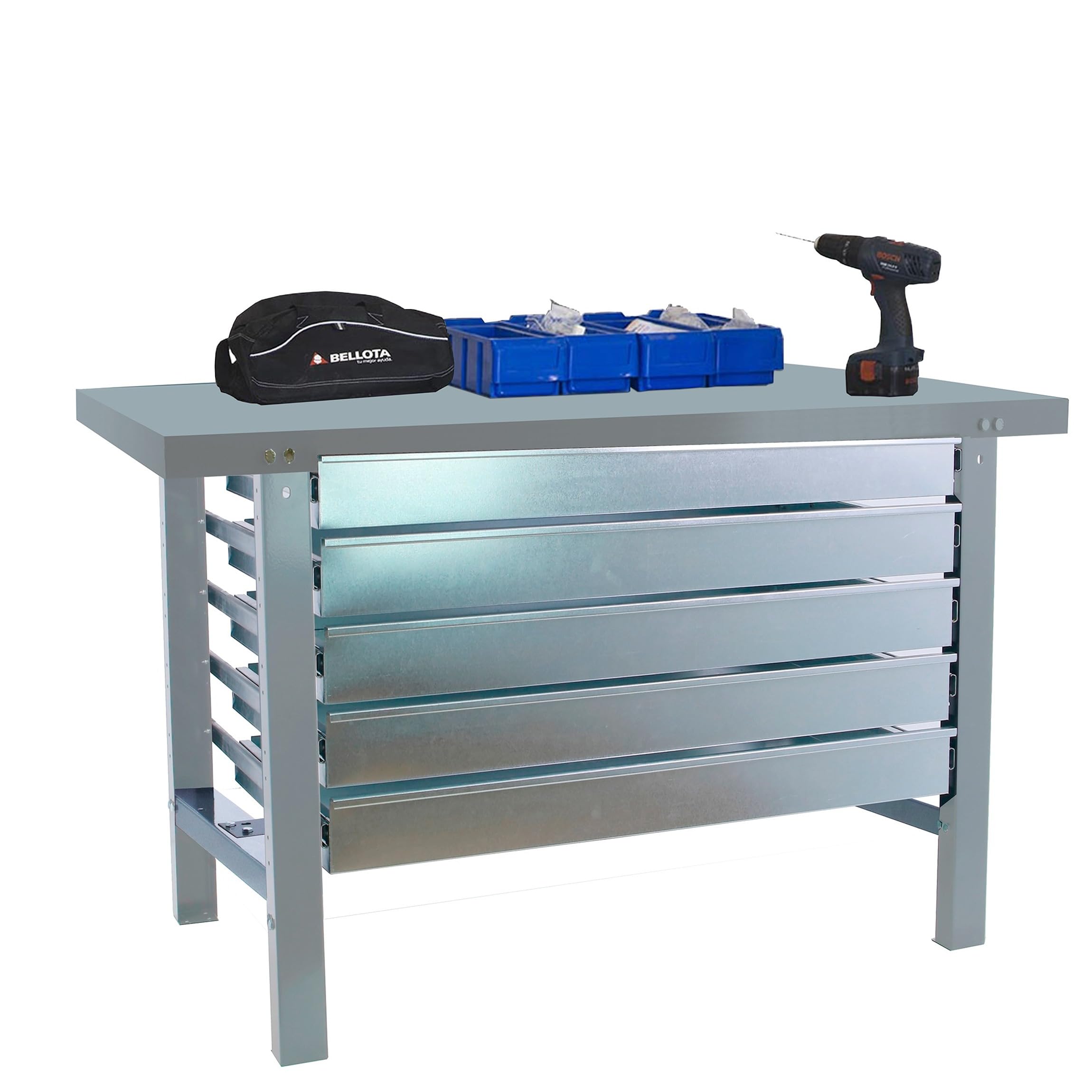 Simon Rack Mesa de Trabajo Taller con 5 cajones 1200x730 mm - BT6 | Tablero Metal, Capacidad Carga 600 kg, Gris, Pintura anticorrosión